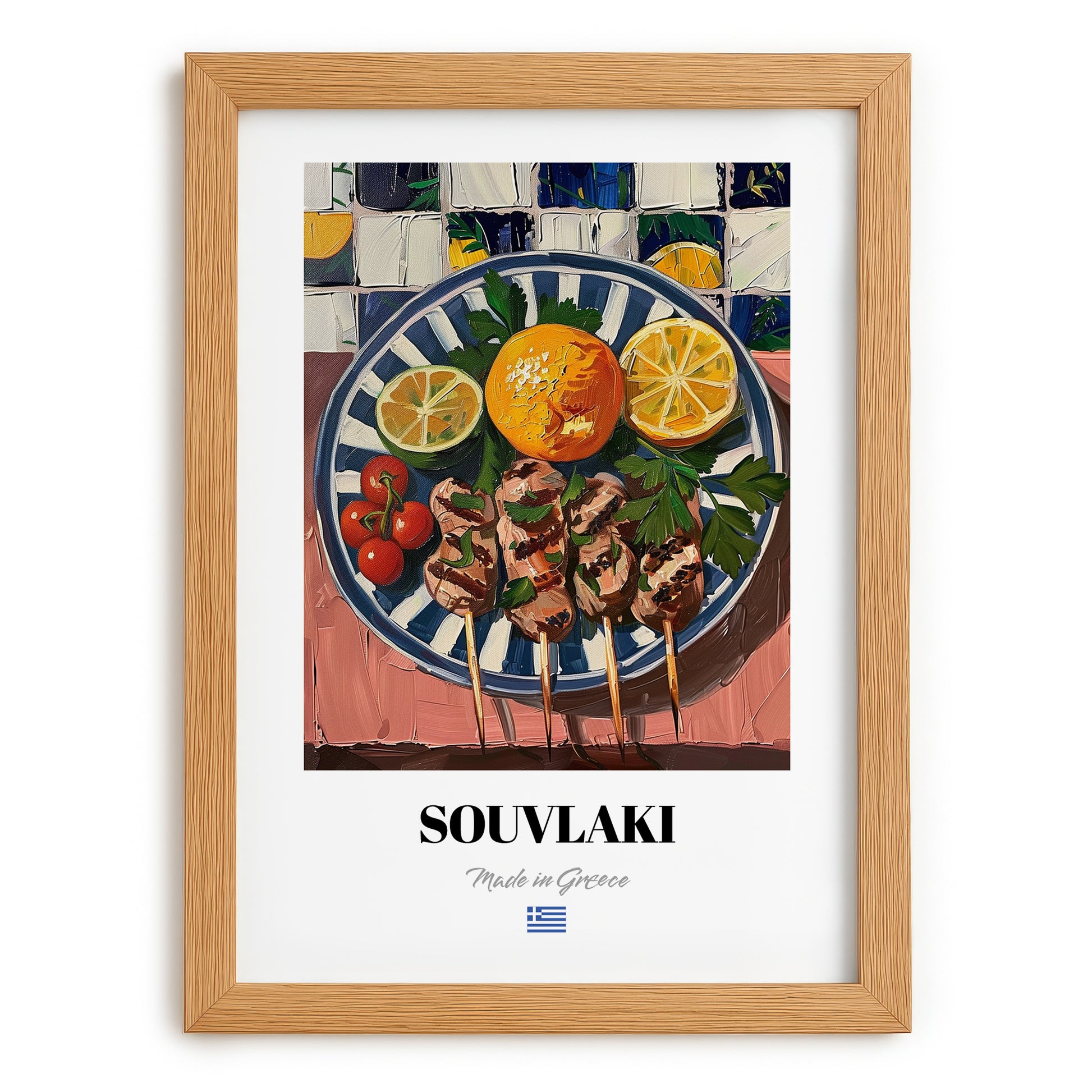 Souvlaki – Oil Painting, Greek Food Wall Decor, set in oak frame