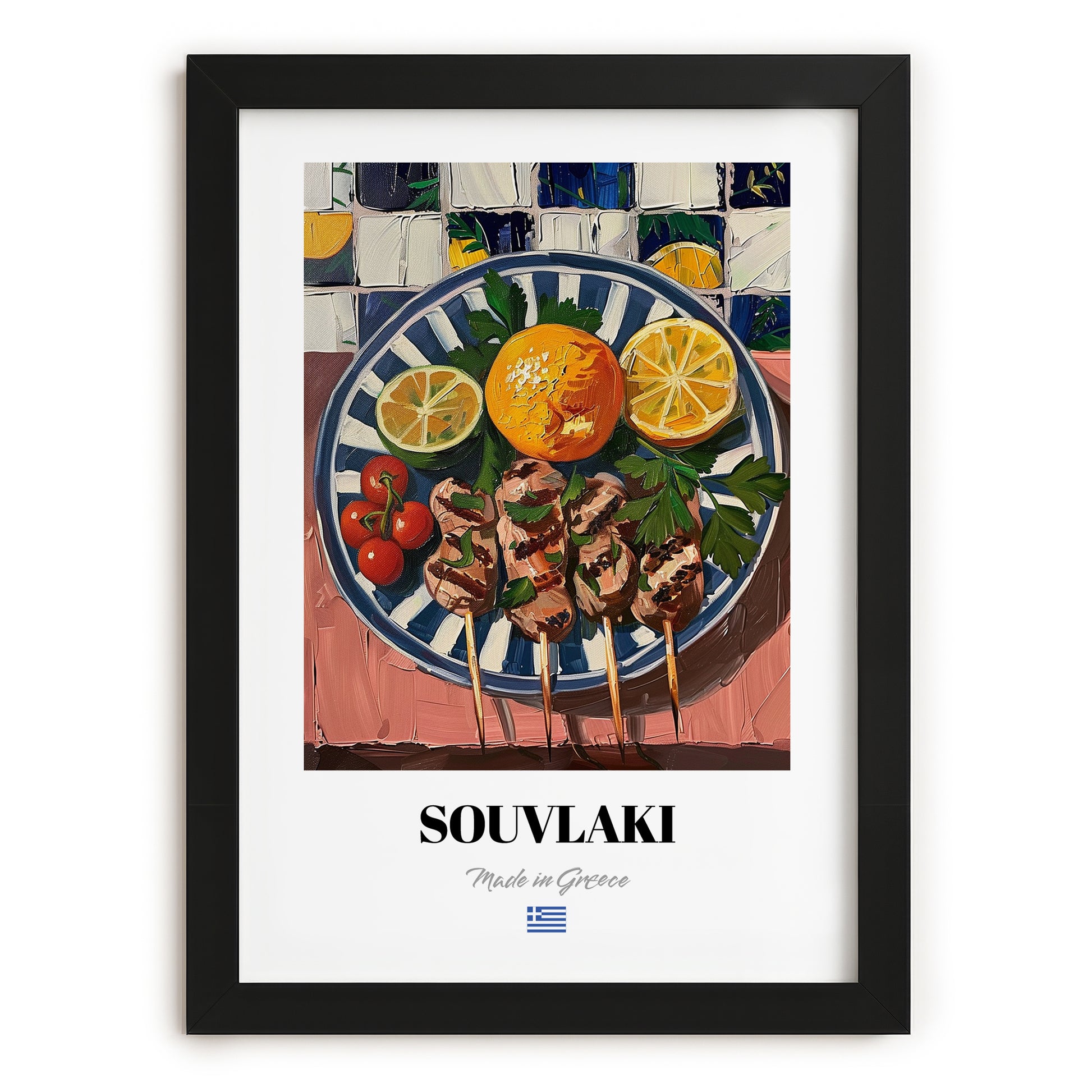 Souvlaki – Oil Painting, Greek Food Wall Decor, in sleek black frame
