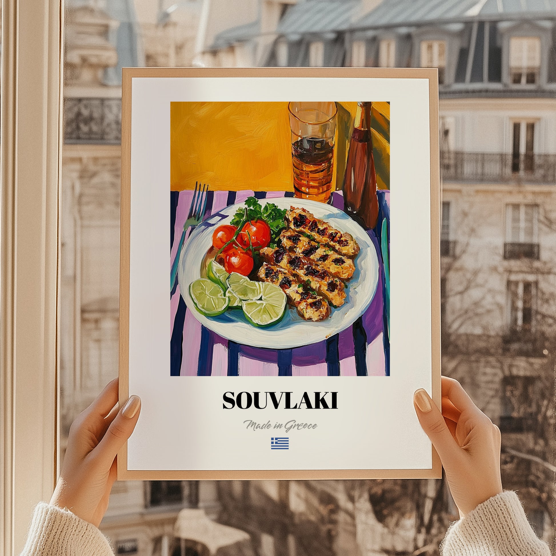 Souvlaki – Colorful Oil Painting, Greek Food Poster, styled in a charming Paris street view