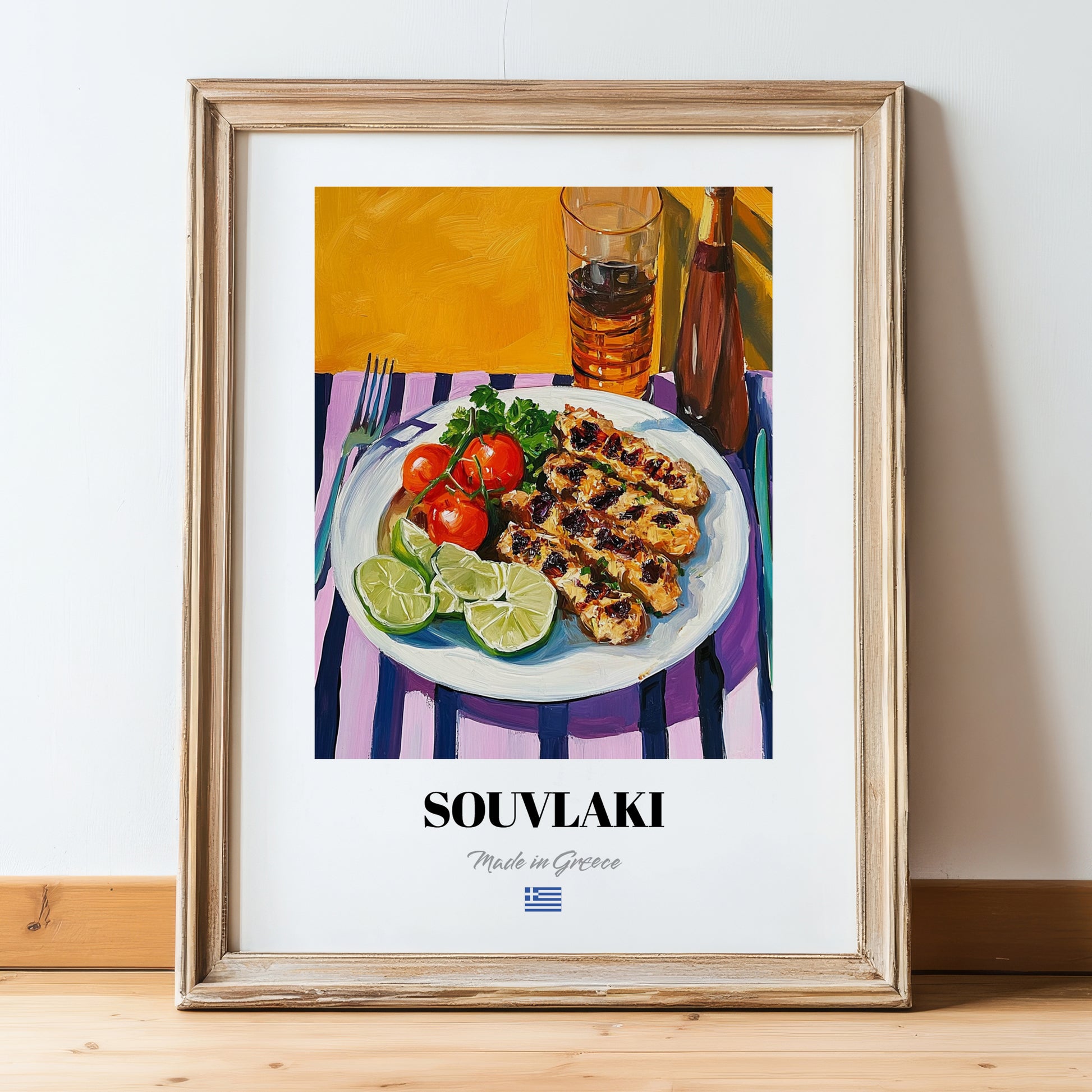 Souvlaki – Colorful Oil Painting, Greek Food Poster, in wooden frame leaning on the floor