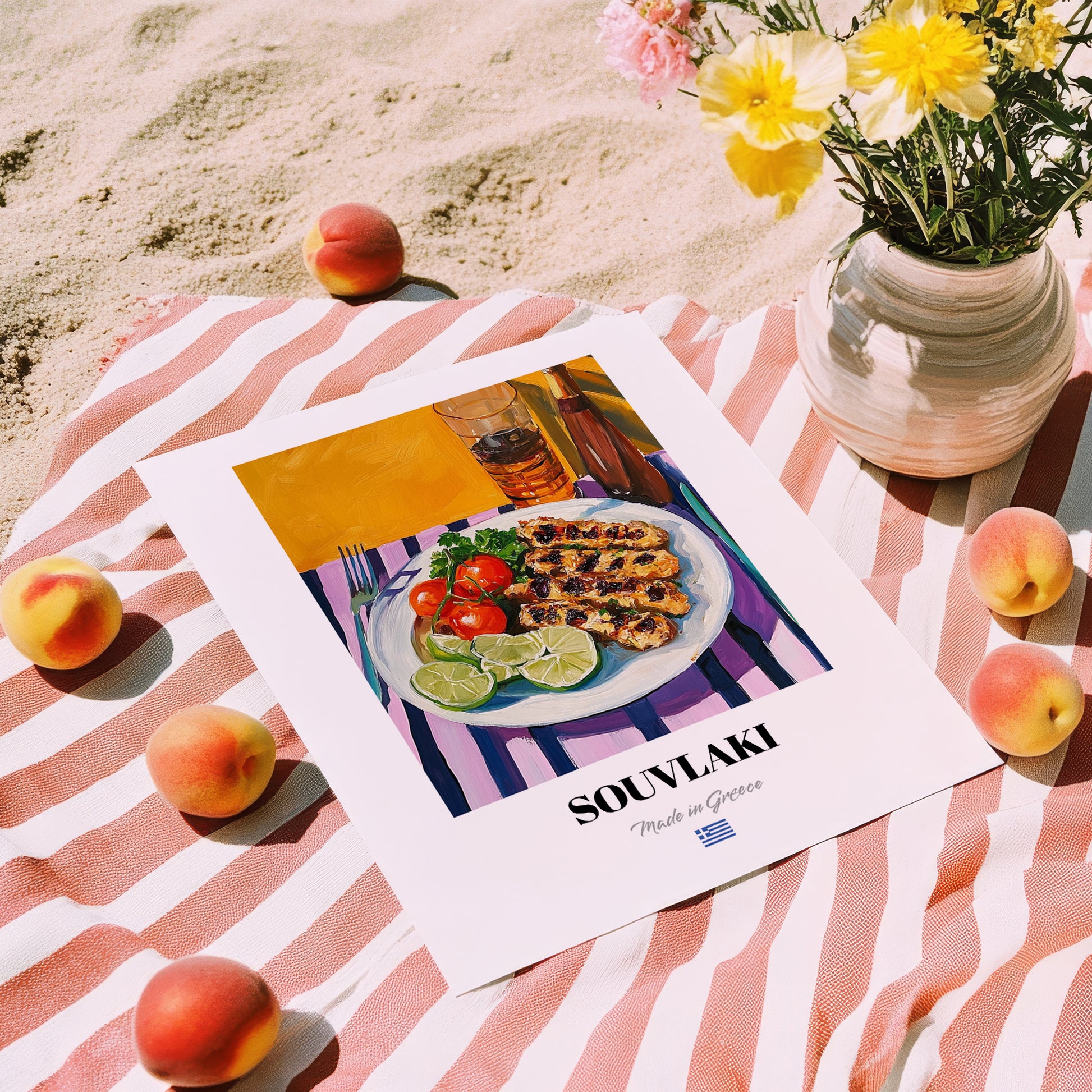 Souvlaki – Colorful Oil Painting, Greek Food Poster, unframed on coastal sand