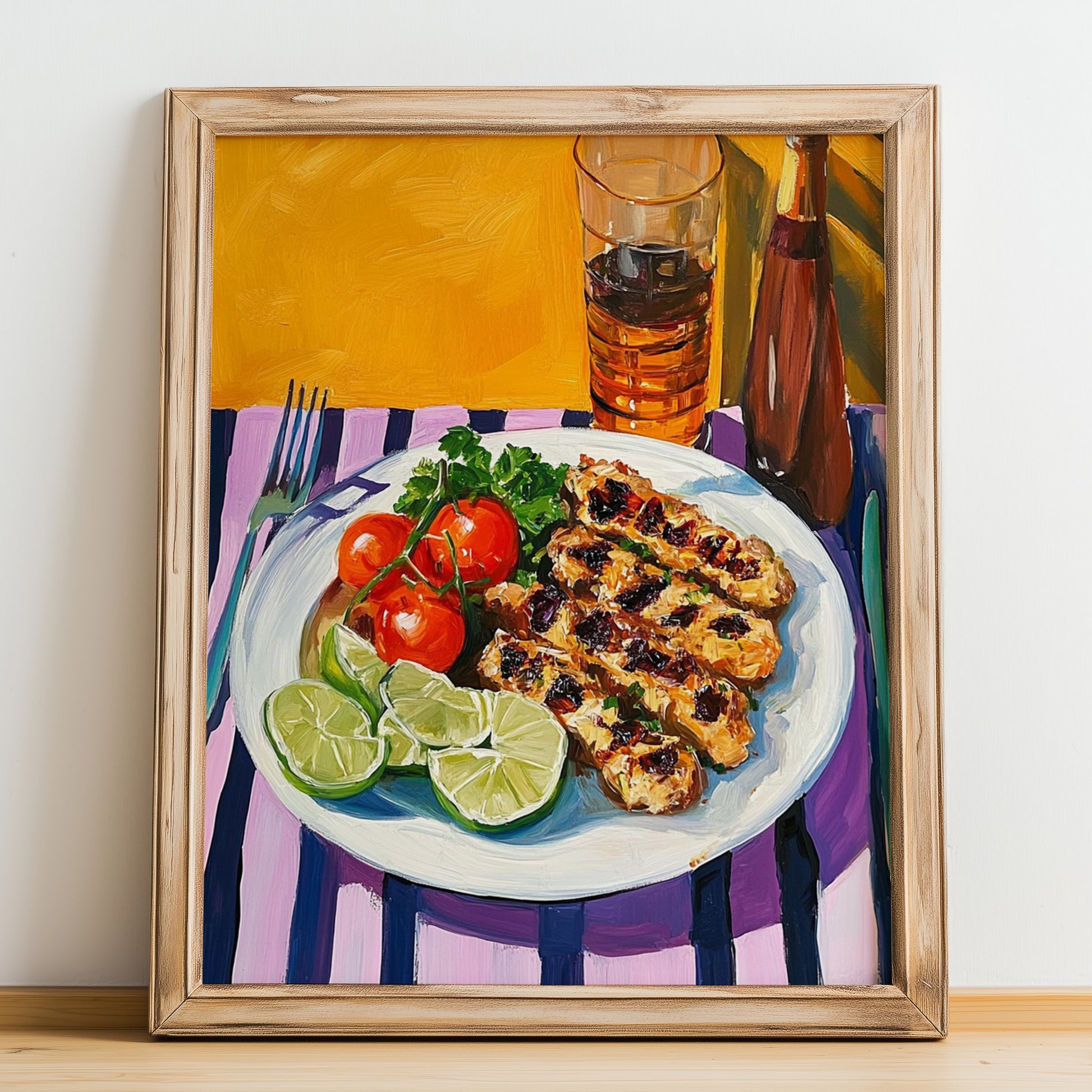 Souvlaki – Colorful Oil Painting, Greek Food Poster, no-text version framed in wood