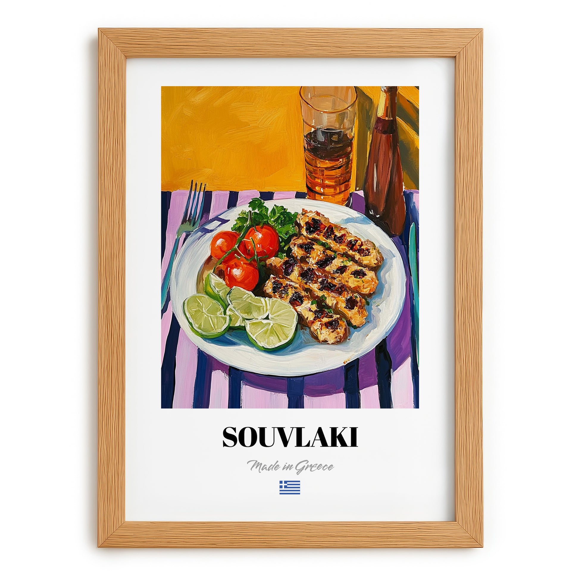 Souvlaki – Colorful Oil Painting, Greek Food Poster, set in oak frame