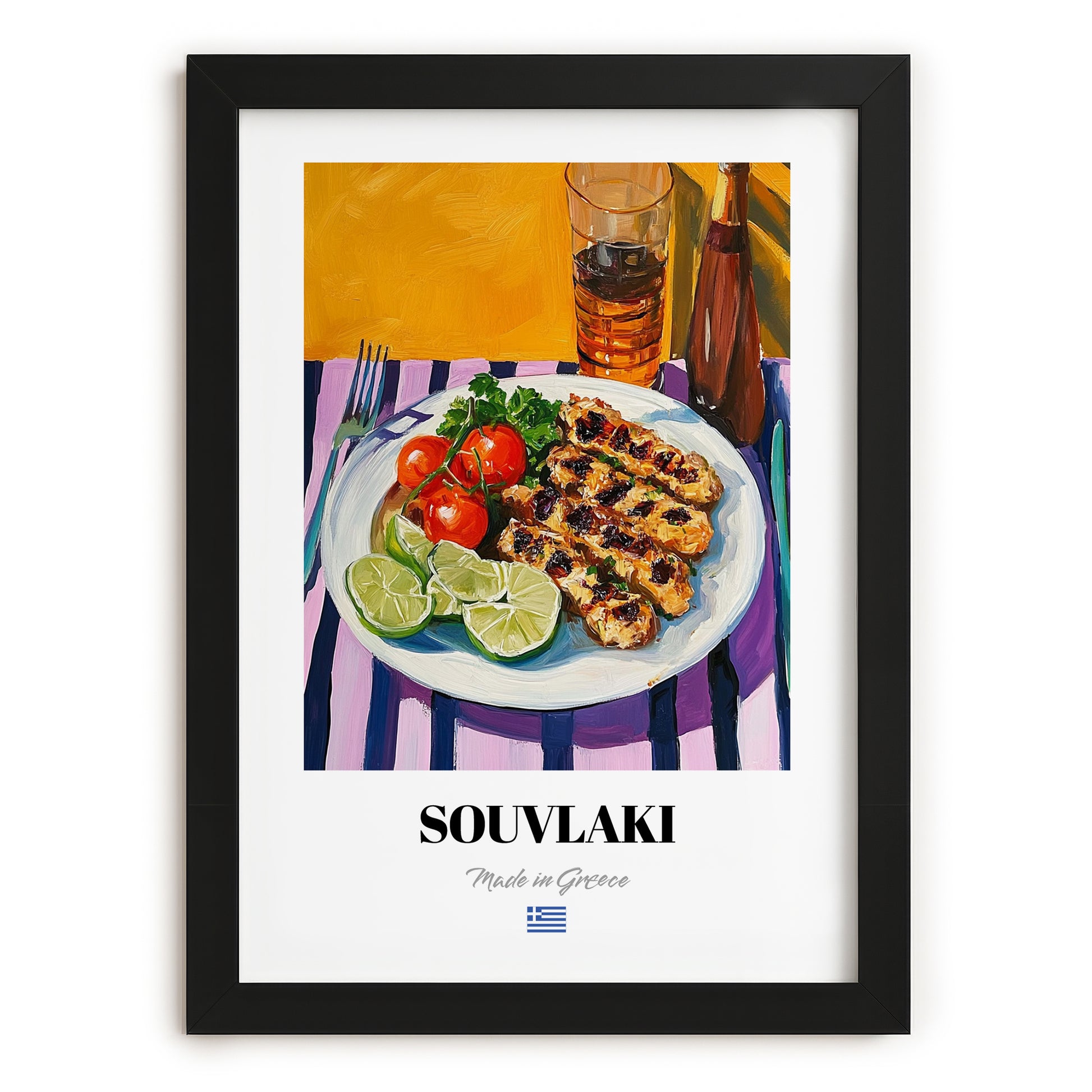 Souvlaki – Colorful Oil Painting, Greek Food Poster, in sleek black frame