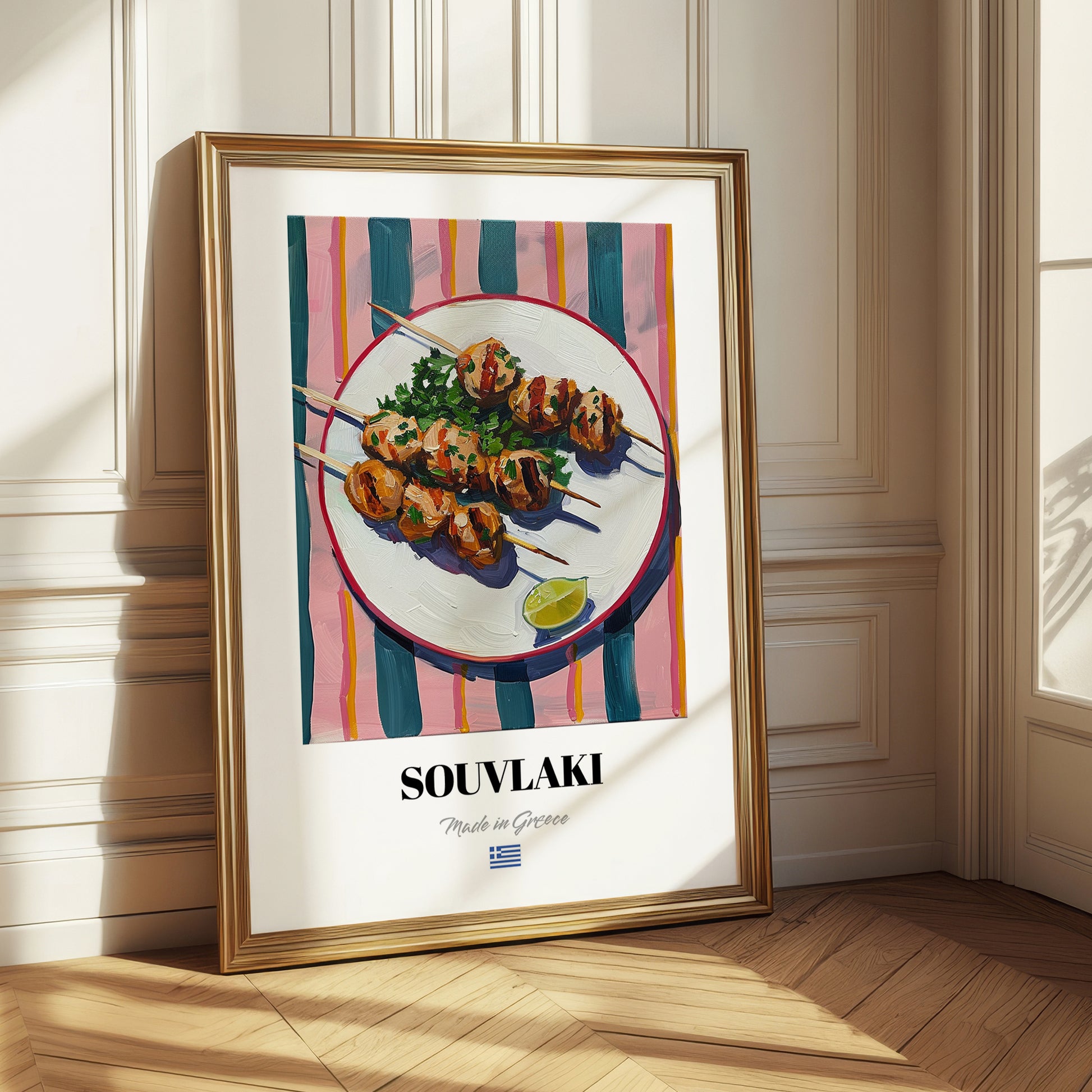 Souvlaki – on Striped Tablecloth, Greek Food Wall Decor
