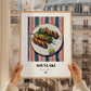 Souvlaki – on Striped Tablecloth, Greek Food Wall Decor, styled in a charming Paris street view