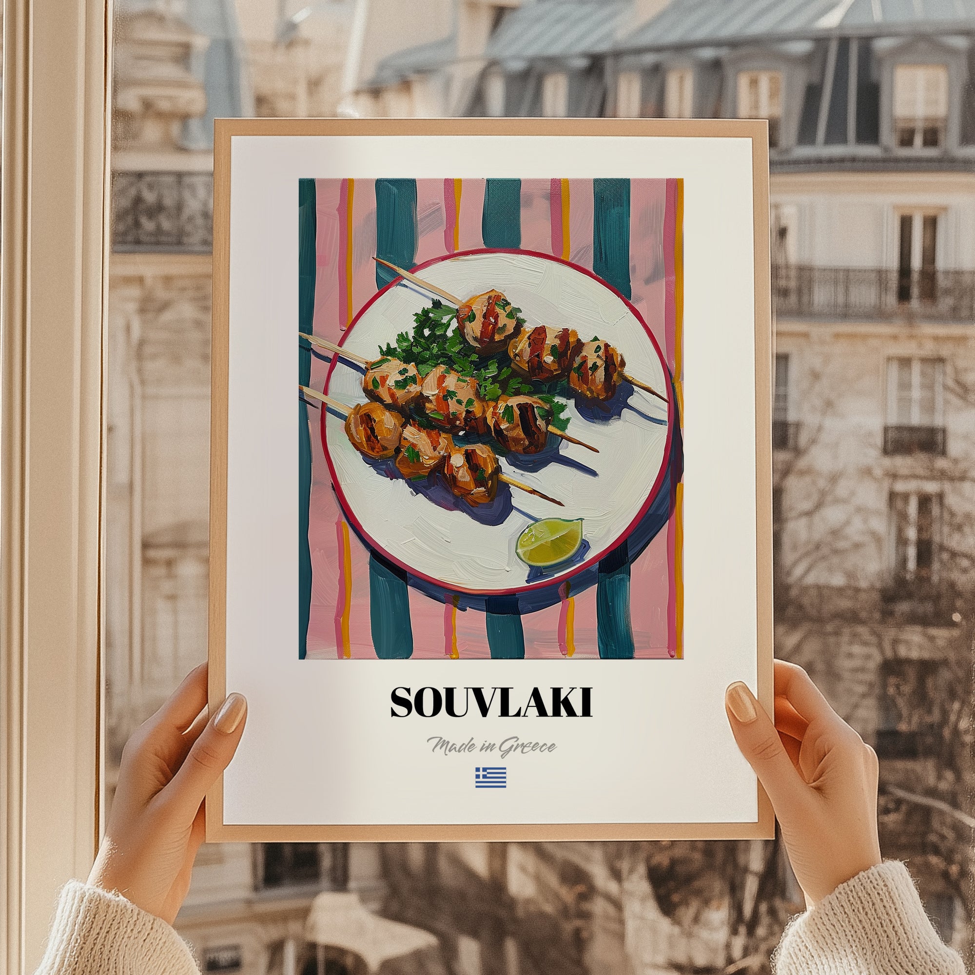 Souvlaki – on Striped Tablecloth, Greek Food Wall Decor, styled in a charming Paris street view