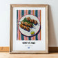 Souvlaki – on Striped Tablecloth, Greek Food Wall Decor, in wooden frame leaning on the floor