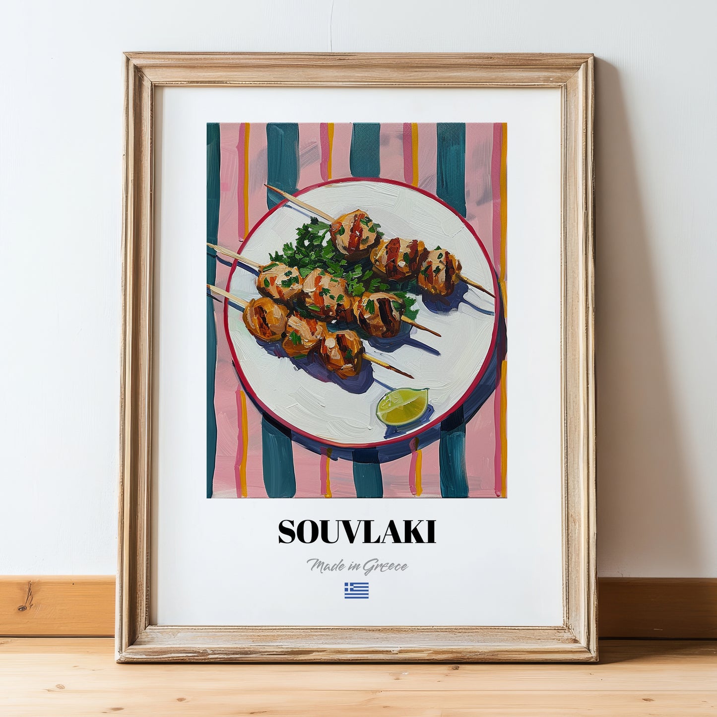 Souvlaki – on Striped Tablecloth, Greek Food Wall Decor, in wooden frame leaning on the floor