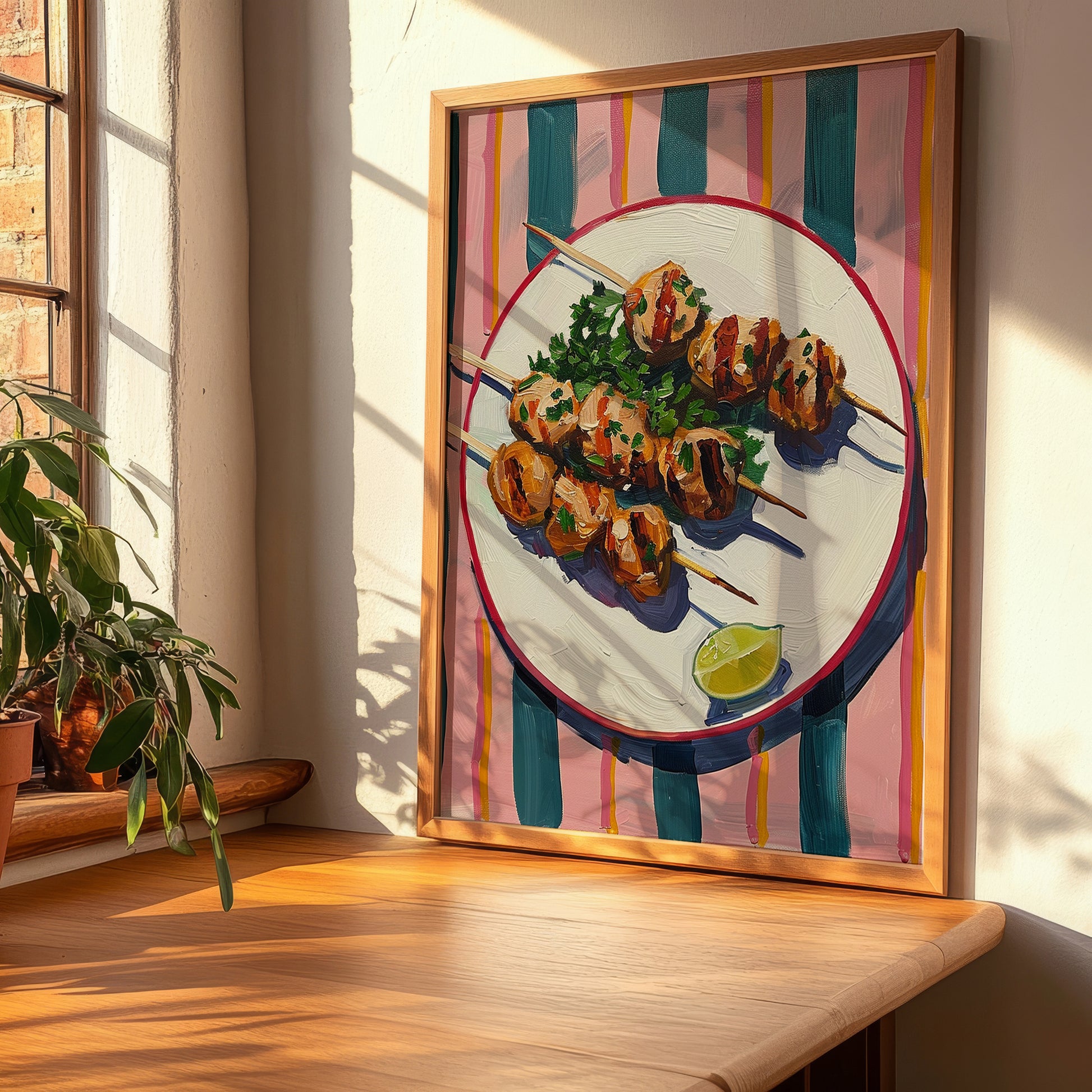 Souvlaki – on Striped Tablecloth, Greek Food Wall Decor, clean layout with no caption