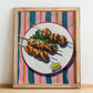 Souvlaki – on Striped Tablecloth, Greek Food Wall Decor, no-text version framed in wood