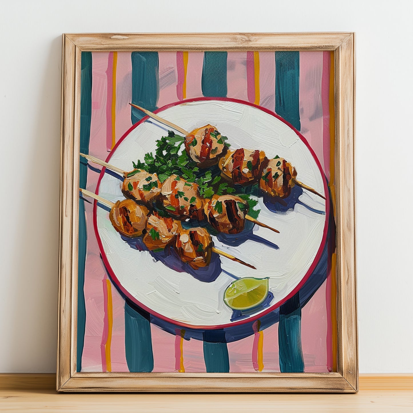 Souvlaki – on Striped Tablecloth, Greek Food Wall Decor, no-text version framed in wood