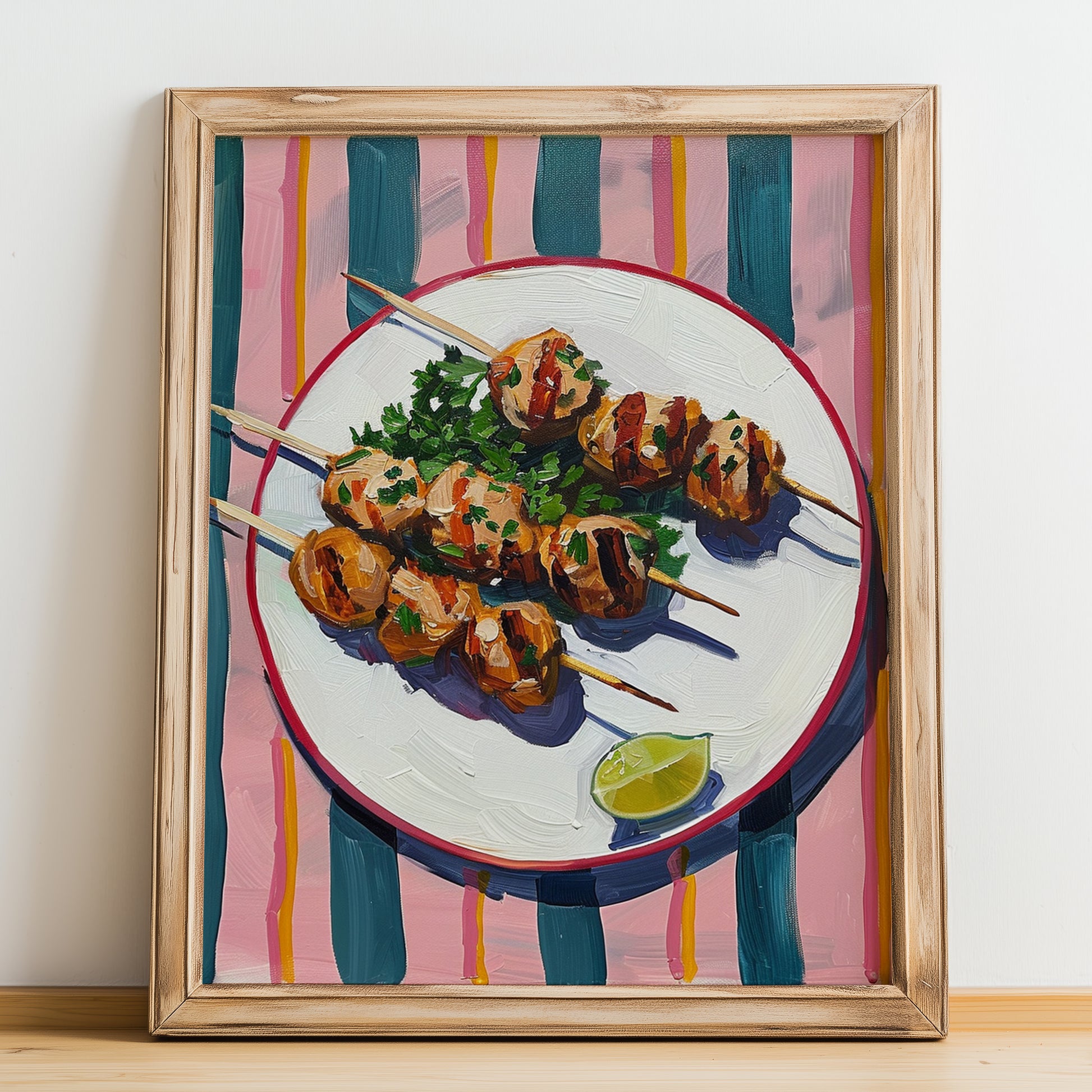 Souvlaki – on Striped Tablecloth, Greek Food Wall Decor, no-text version framed in wood