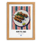 Souvlaki – on Striped Tablecloth, Greek Food Wall Decor, set in oak frame