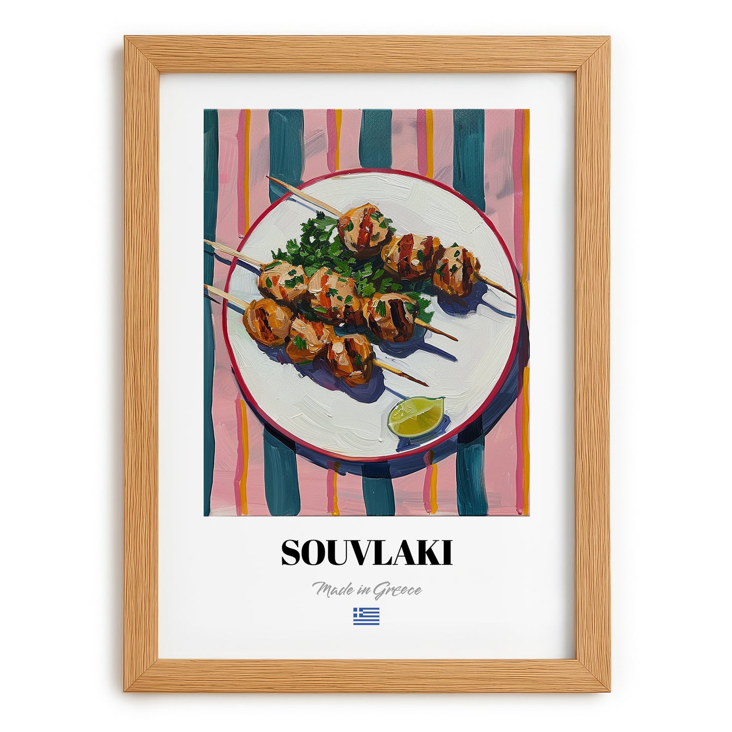Souvlaki – on Striped Tablecloth, Greek Food Wall Decor, set in oak frame