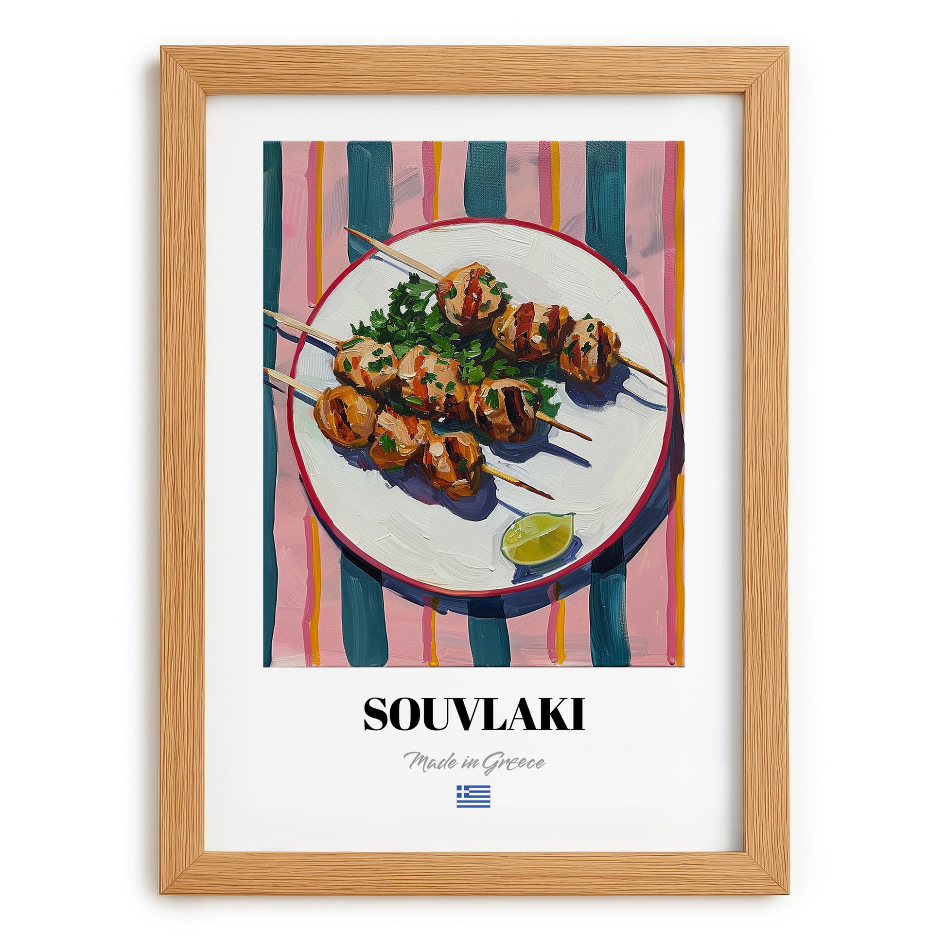 Souvlaki – on Striped Tablecloth, Greek Food Wall Decor, set in oak frame