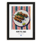 Souvlaki – on Striped Tablecloth, Greek Food Wall Decor, in sleek black frame
