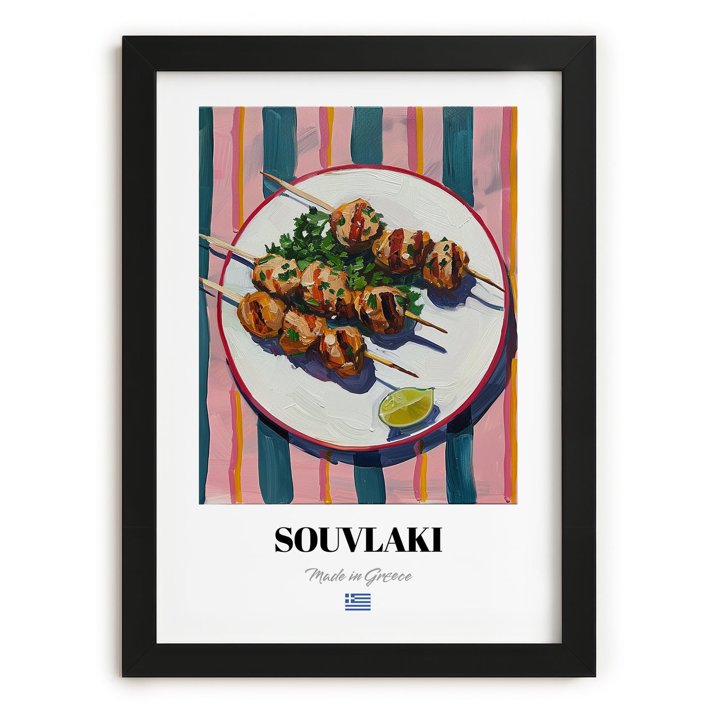 Souvlaki – on Striped Tablecloth, Greek Food Wall Decor, in sleek black frame