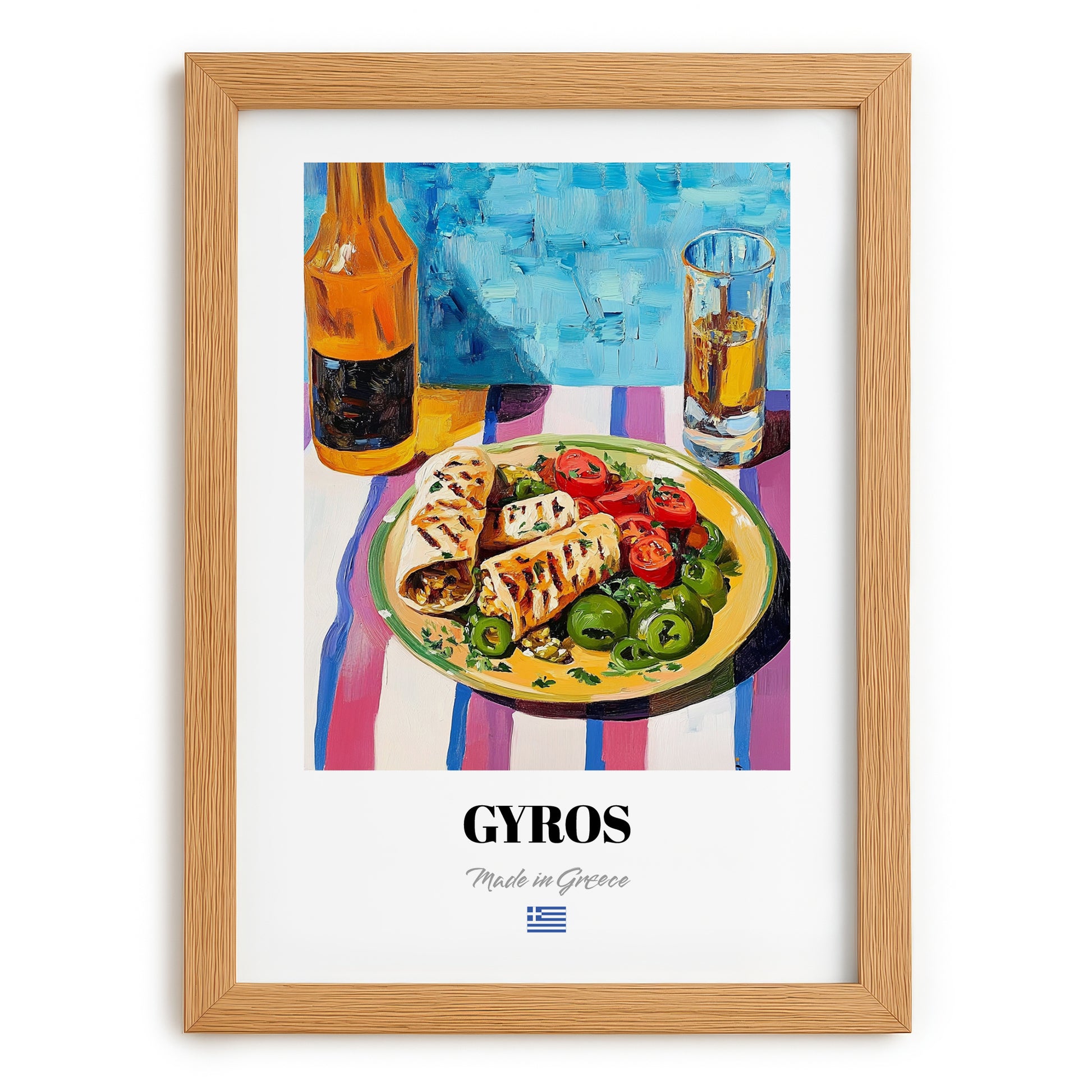 Gyros – Colorful Oil Painting, Greek Food Poster, set in oak frame