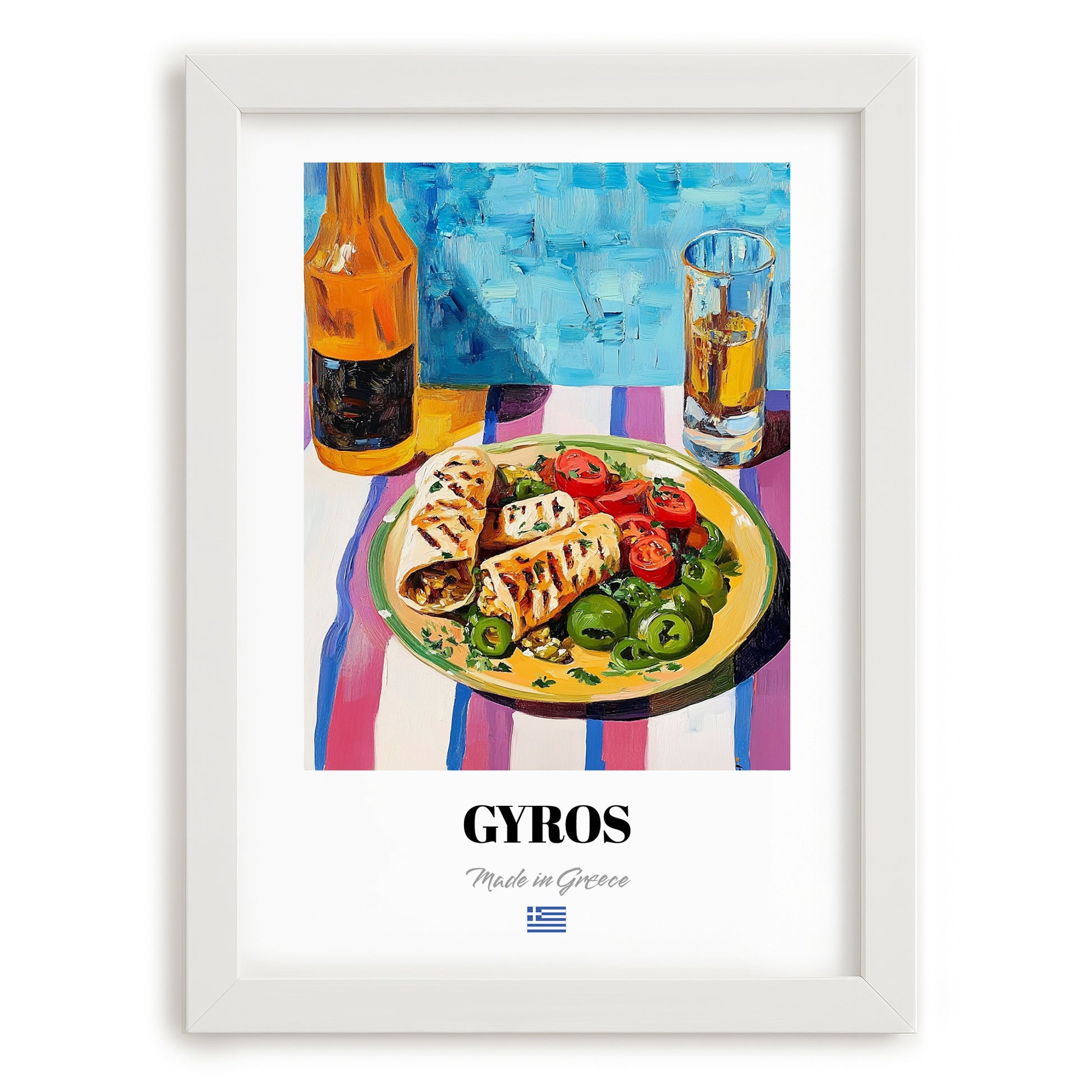 Gyros – Colorful Oil Painting, Greek Food Poster, placed in minimal white frame