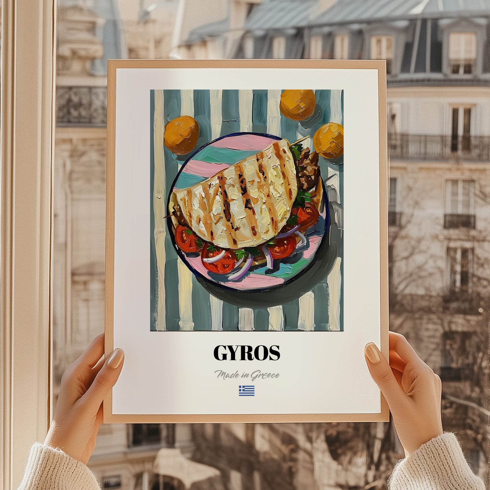 Gyros – Oil Painting, Greek Food Still Life, styled in a charming Paris street view