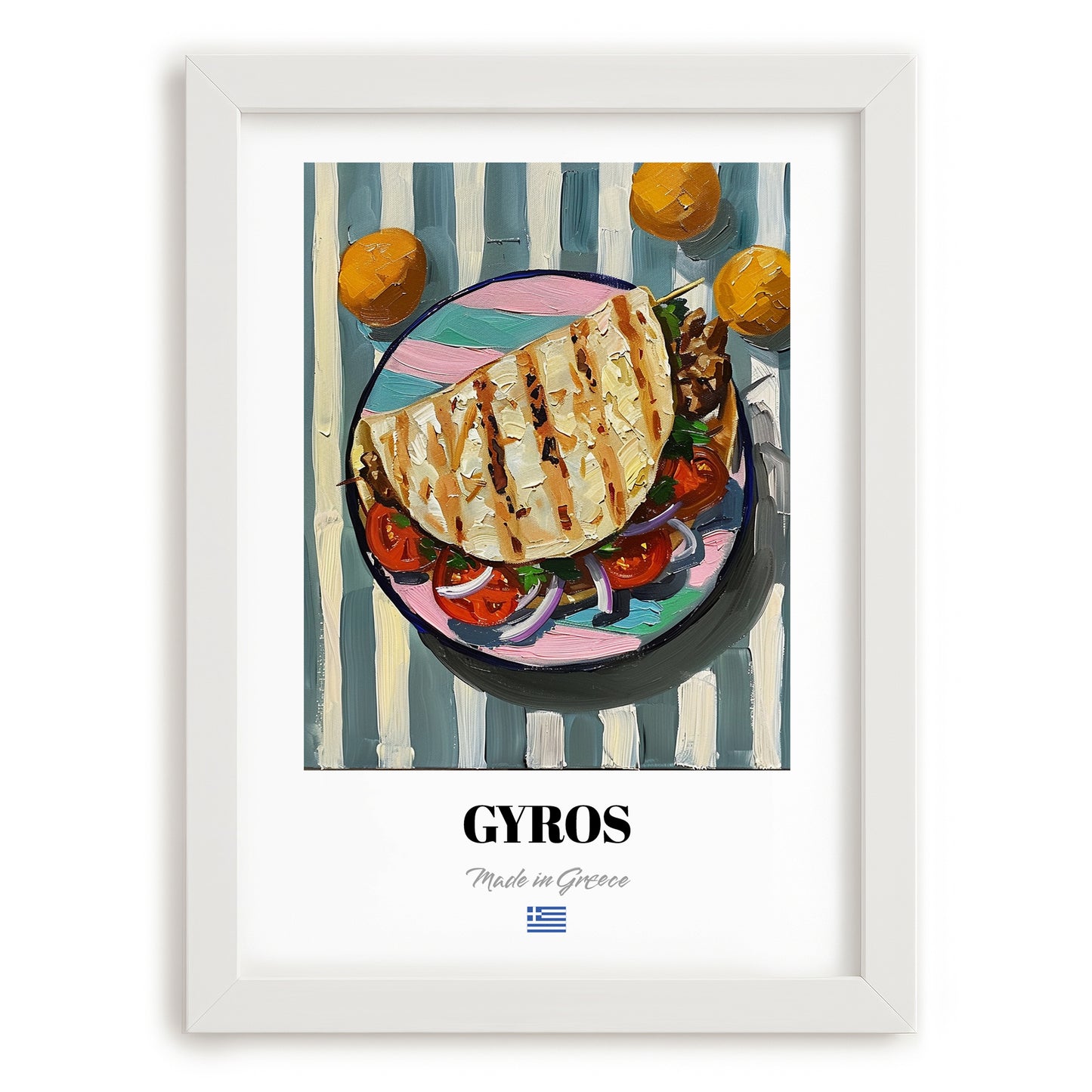 Gyros – Oil Painting, Greek Food Still Life, placed in minimal white frame