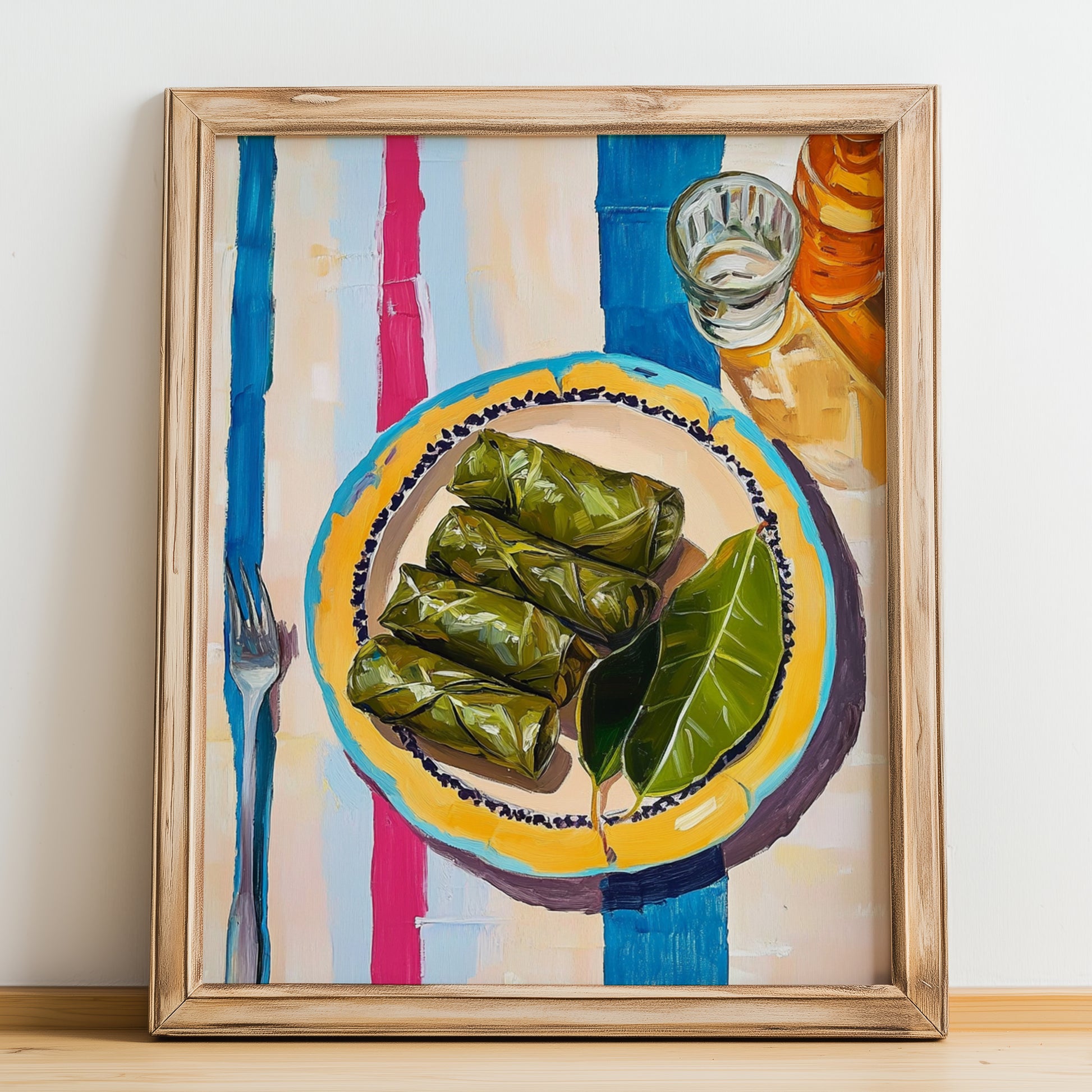 Dolmades – on Striped Tablecloth, Greek Food Illustration, no-text version framed in wood