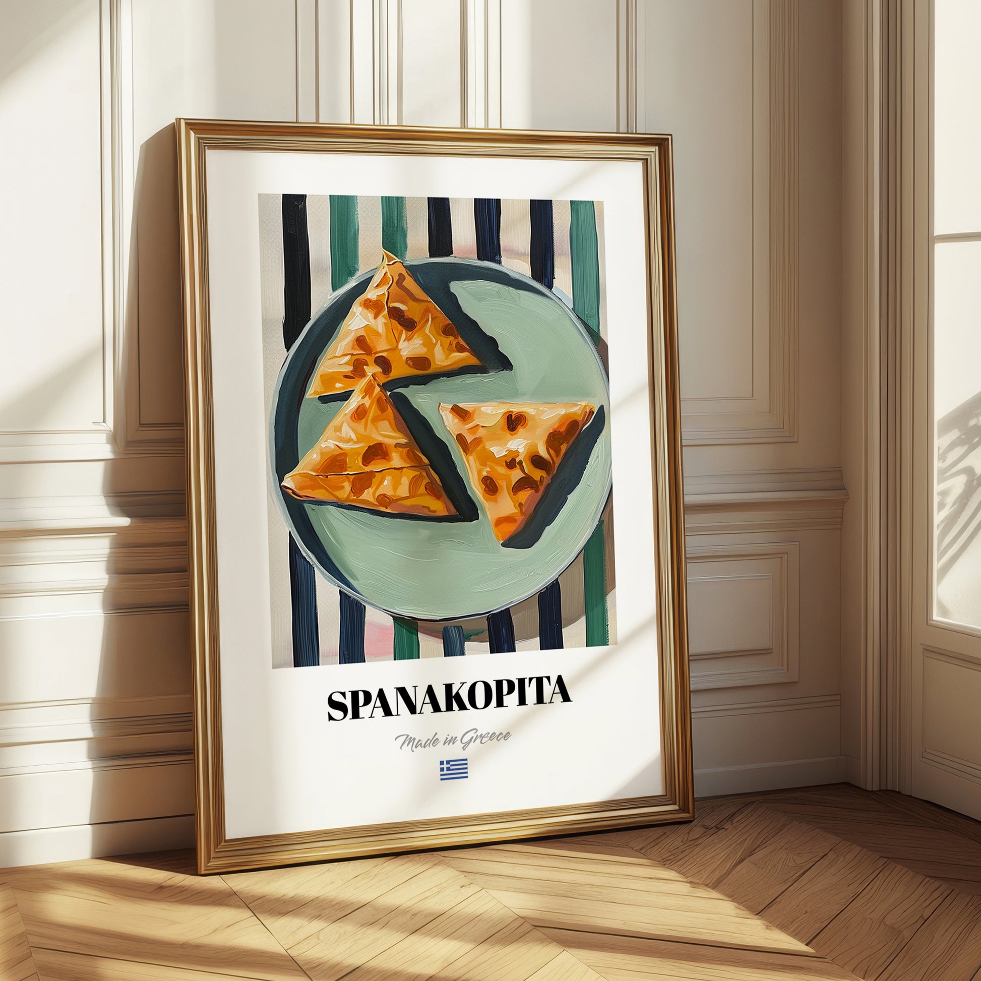 Spanakopita – on Striped Tablecloth, Greek Pastry Still Life 