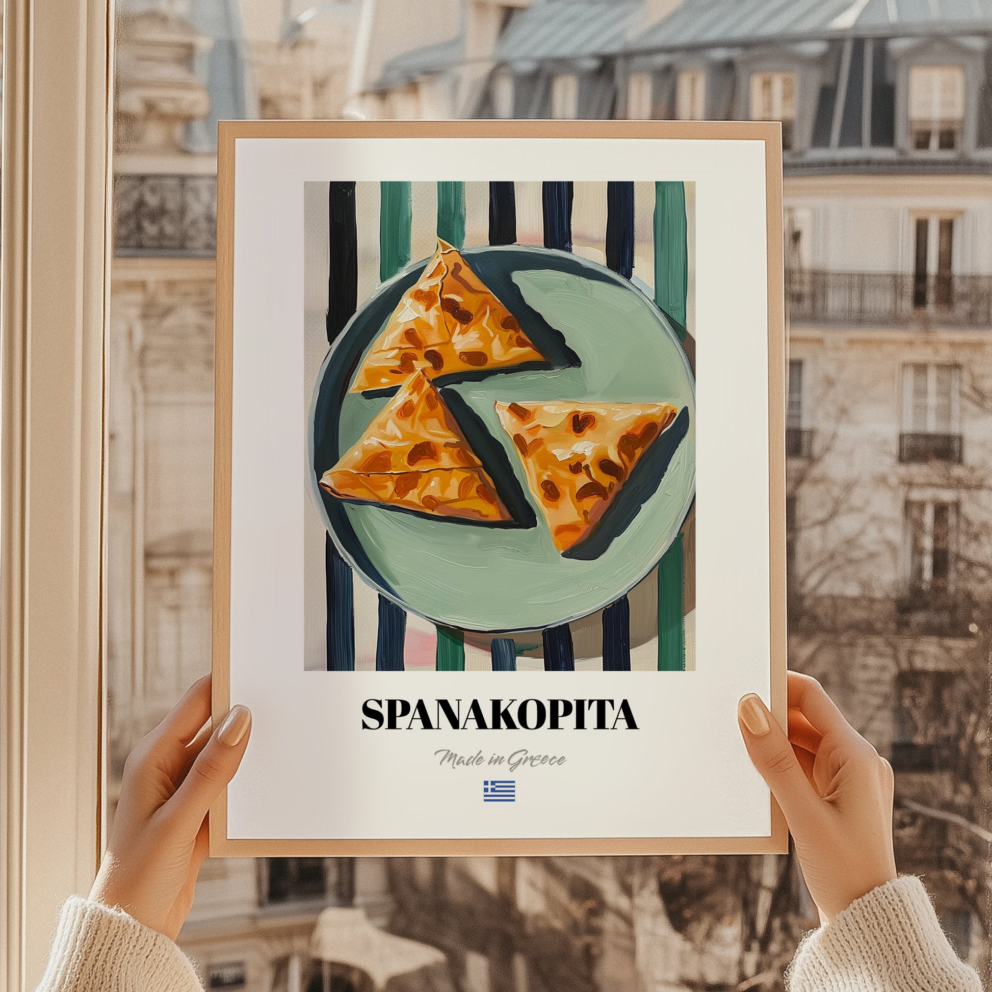 Spanakopita – on Striped Tablecloth, Greek Pastry Still Life, styled in a charming Paris street view