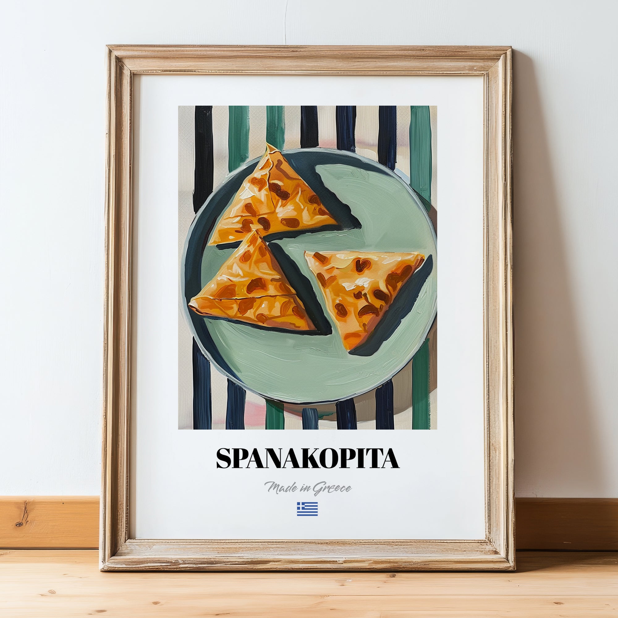 Spanakopita – on Striped Tablecloth, Greek Pastry Still Life, in wooden frame leaning on the floor
