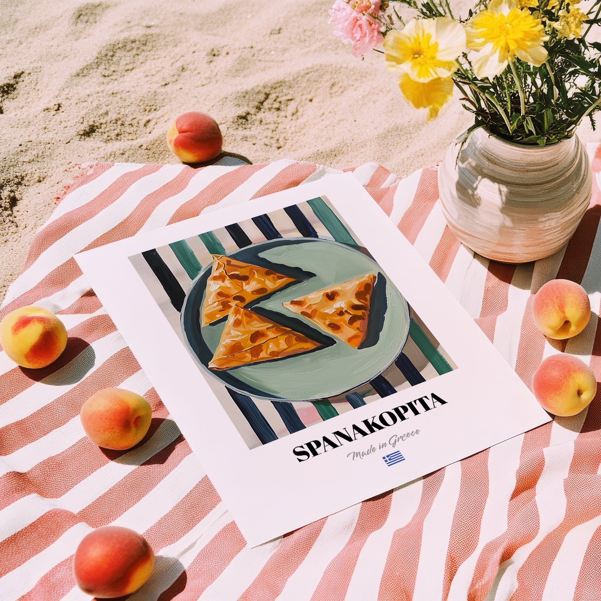 Spanakopita – on Striped Tablecloth, Greek Pastry Still Life, unframed on coastal sand