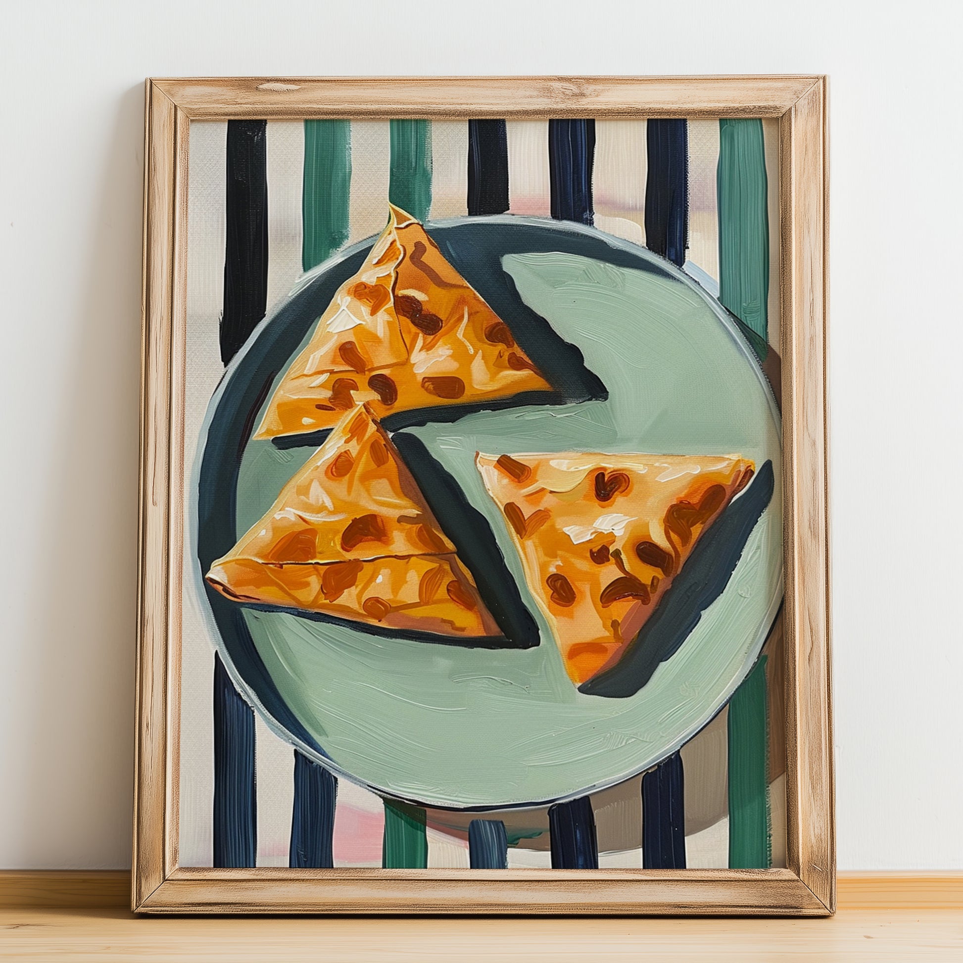 Spanakopita – on Striped Tablecloth, Greek Pastry Still Life, no-text version framed in wood