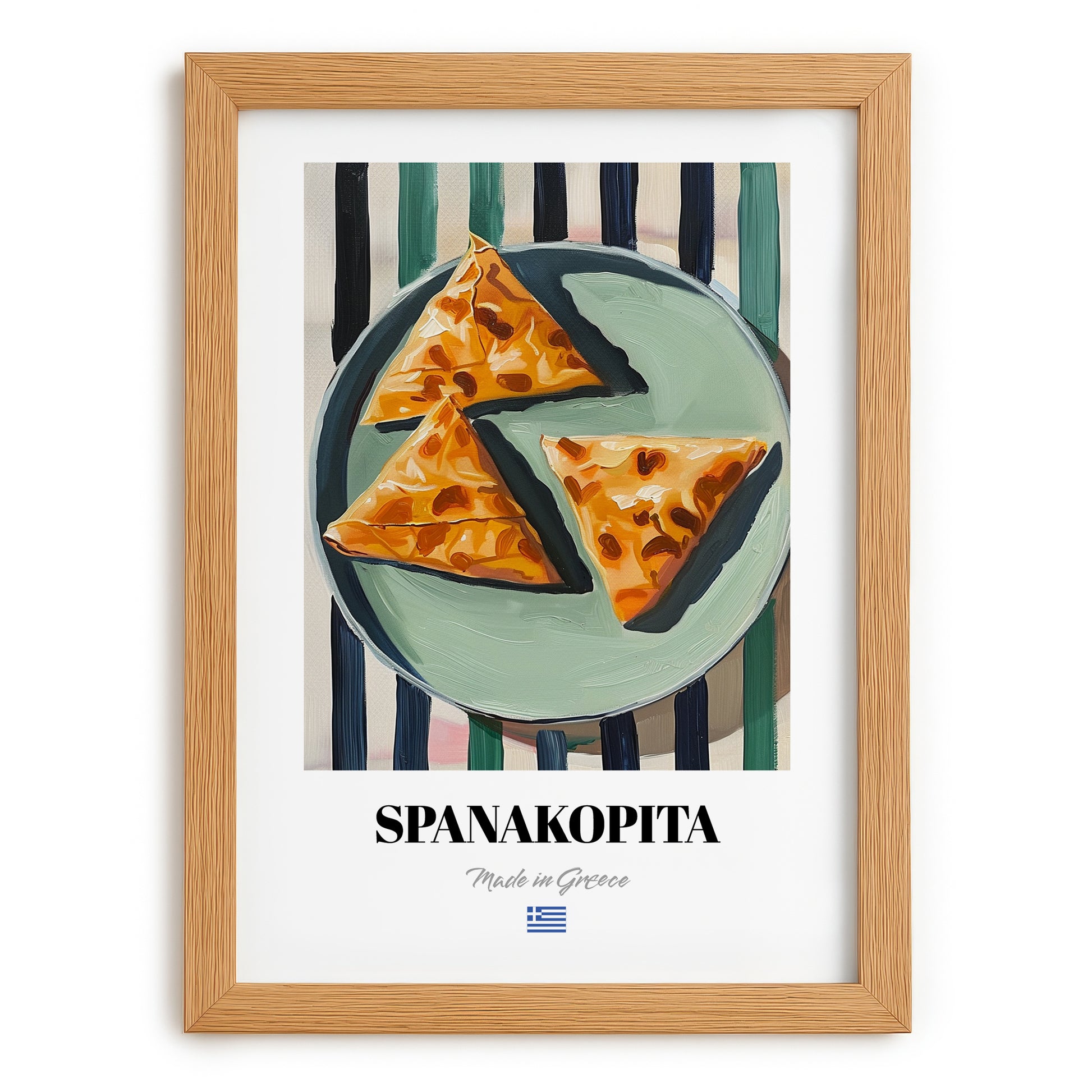 Spanakopita – on Striped Tablecloth, Greek Pastry Still Life, set in oak frame
