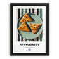 Spanakopita – on Striped Tablecloth, Greek Pastry Still Life, in sleek black frame