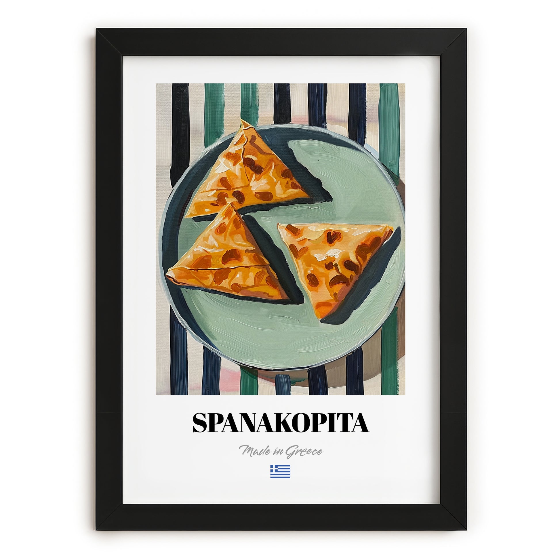 Spanakopita – on Striped Tablecloth, Greek Pastry Still Life, in sleek black frame
