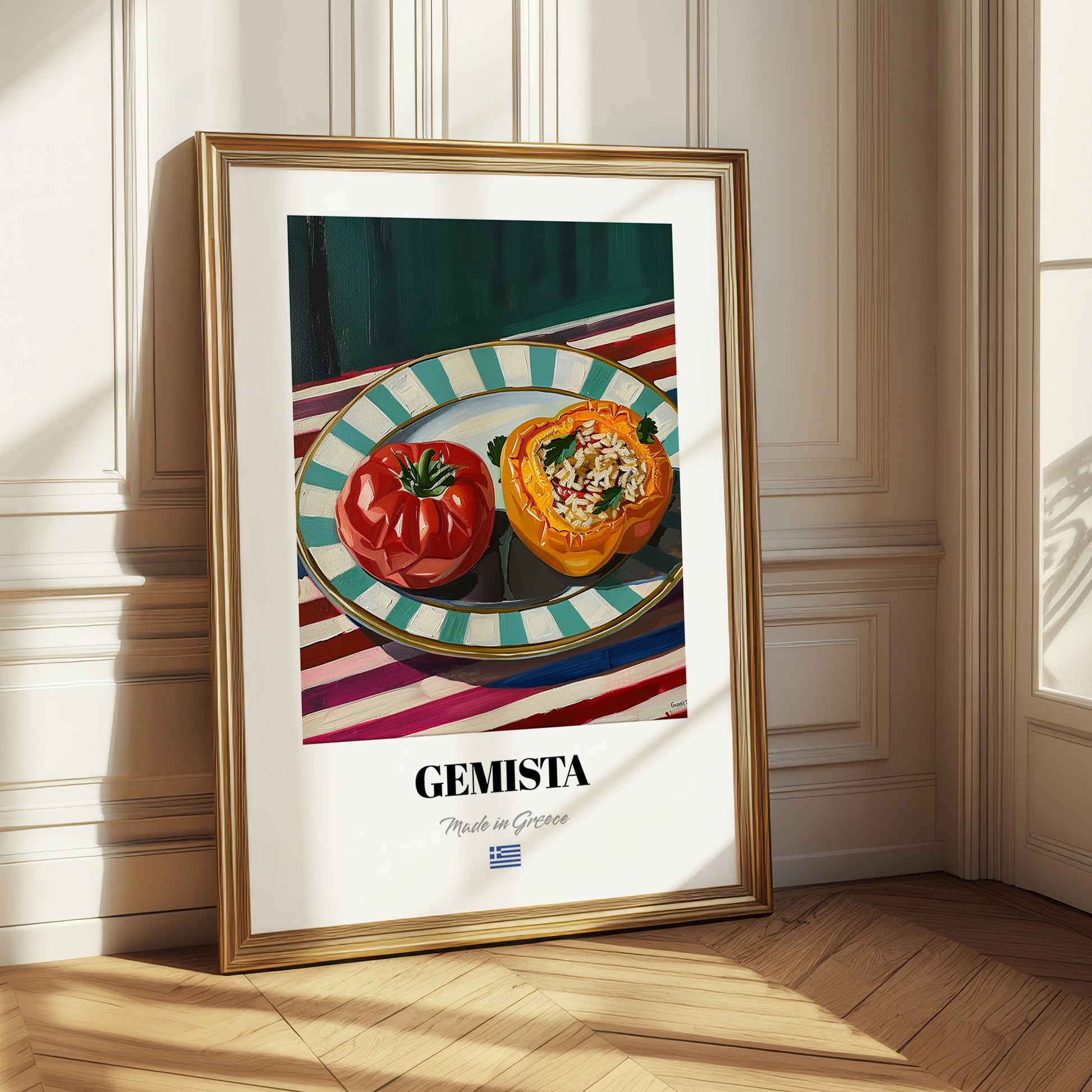 Gemista – on Striped Tablecloth, Greek Food Painting