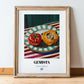 Gemista – on Striped Tablecloth, Greek Food Painting, in wooden frame leaning on the floor