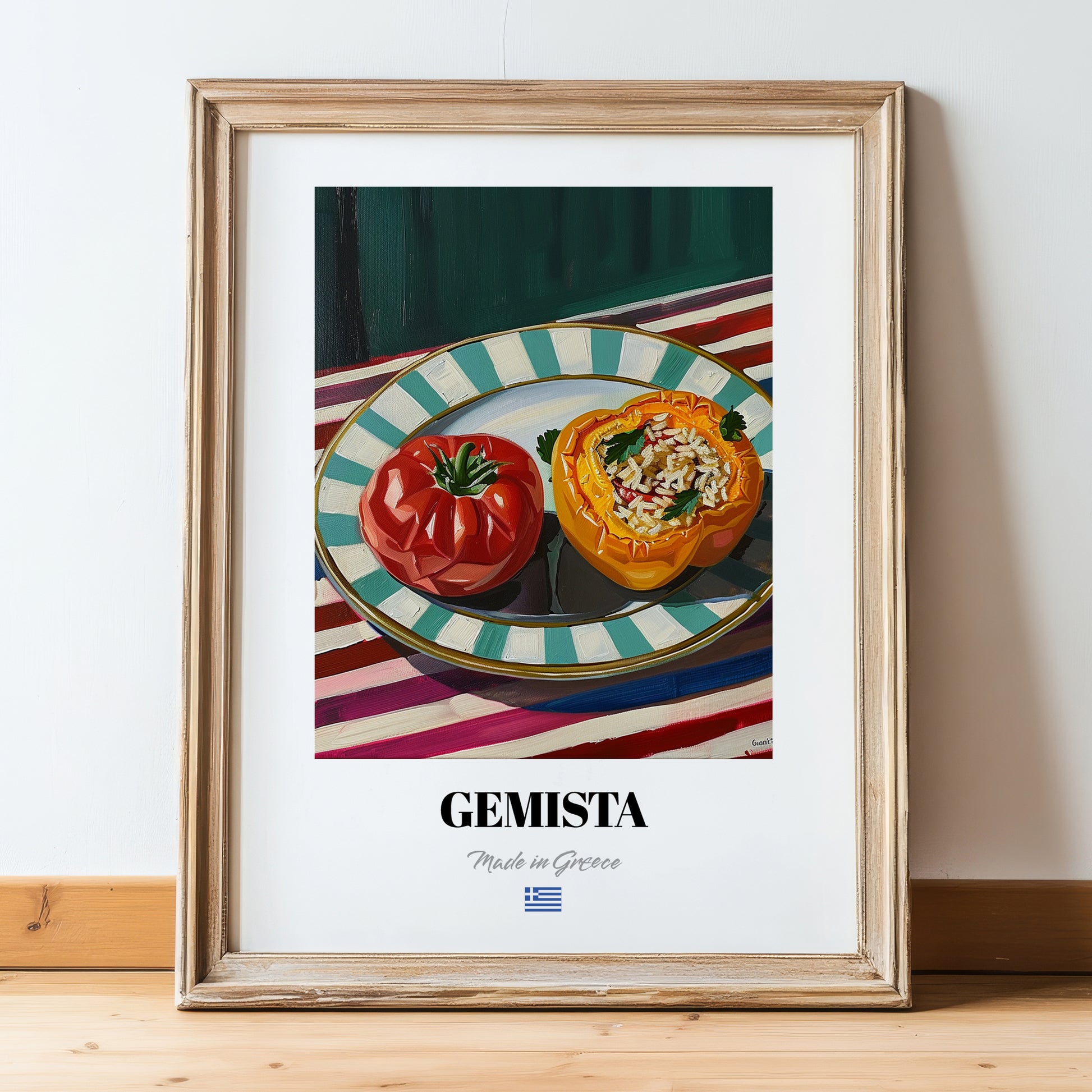 Gemista – on Striped Tablecloth, Greek Food Painting, in wooden frame leaning on the floor