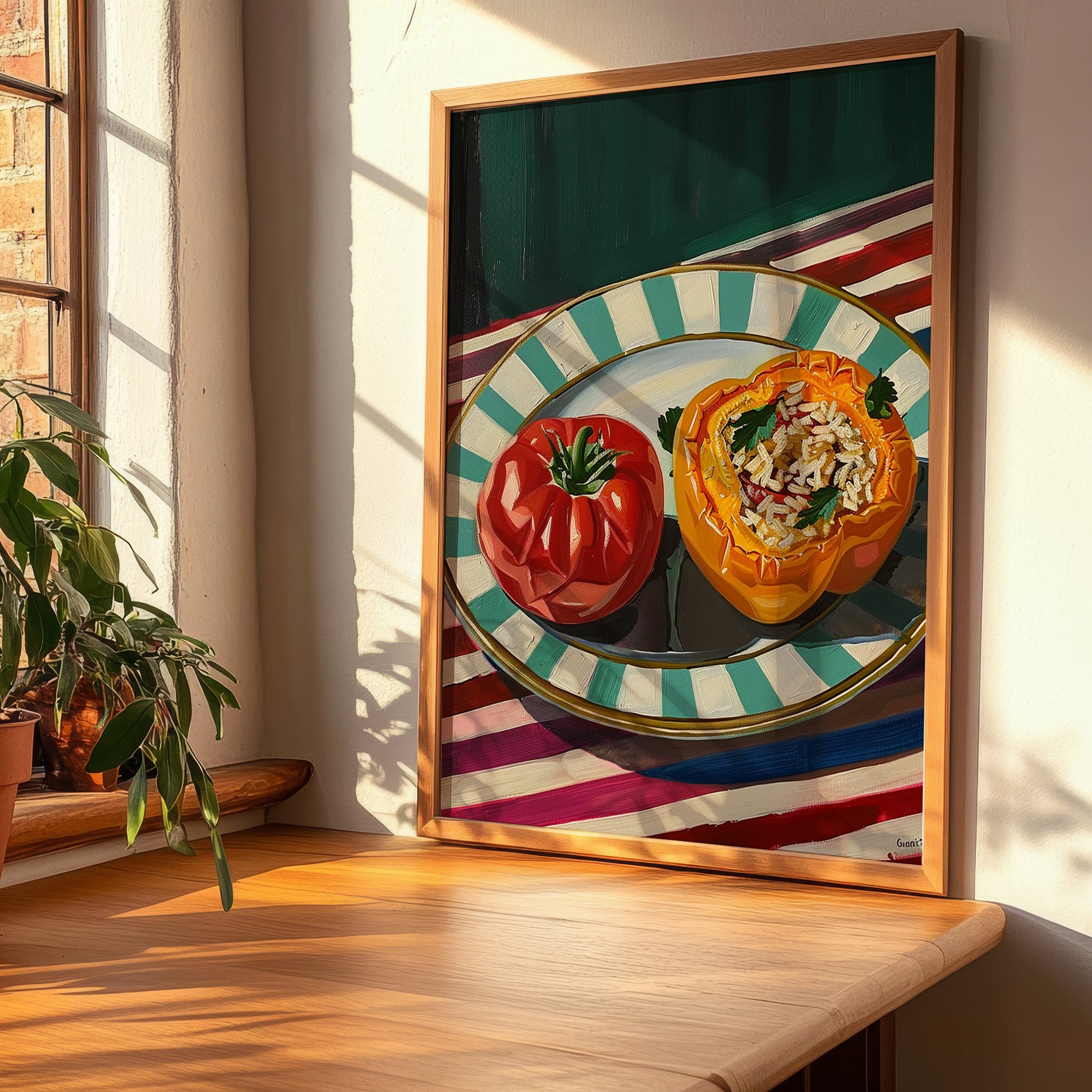 Gemista – on Striped Tablecloth, Greek Food Painting, clean layout with no caption
