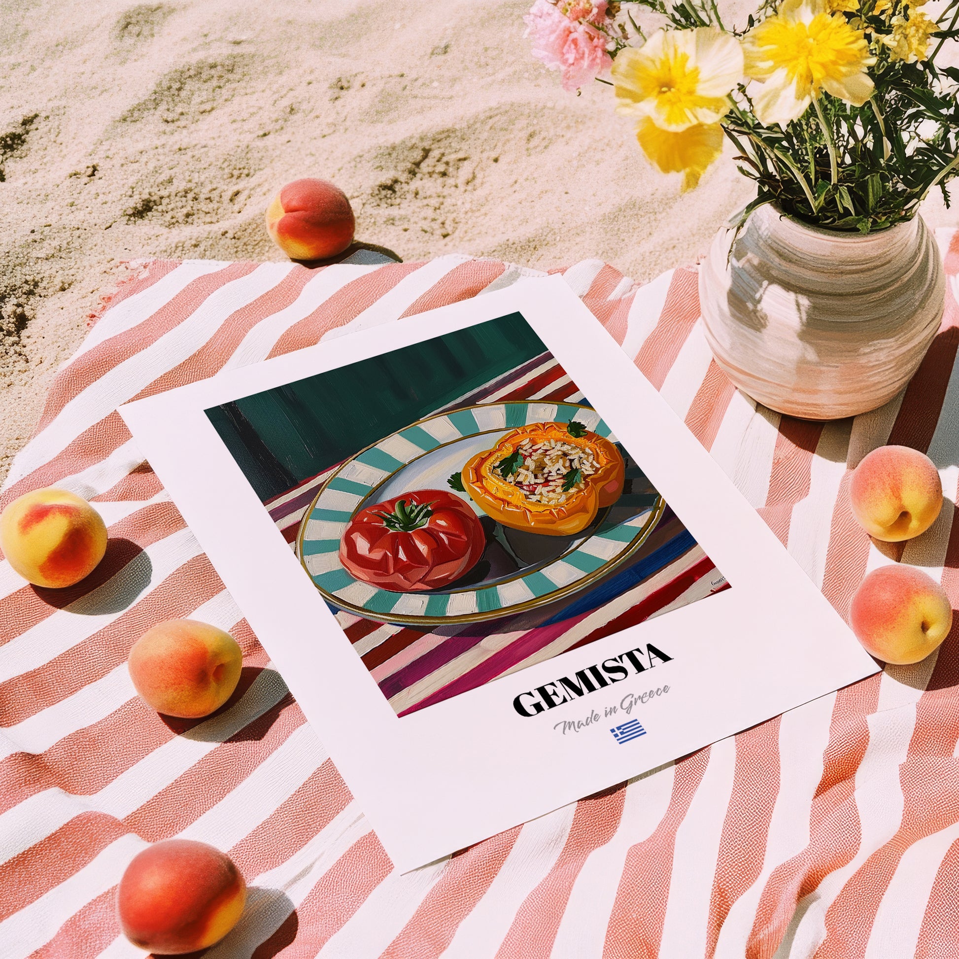 Gemista – on Striped Tablecloth, Greek Food Painting, unframed on coastal sand