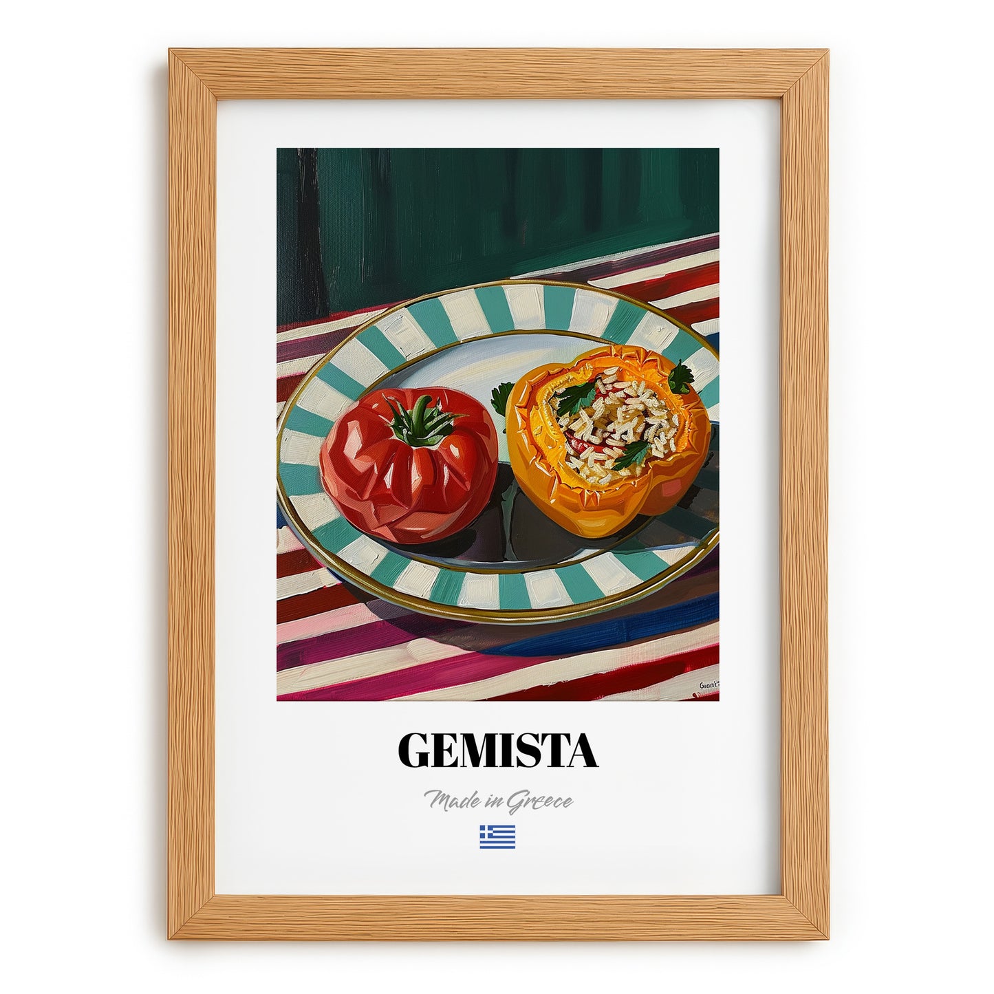 Gemista – on Striped Tablecloth, Greek Food Painting, set in oak frame