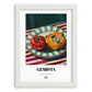 Gemista – on Striped Tablecloth, Greek Food Painting, placed in minimal white frame
