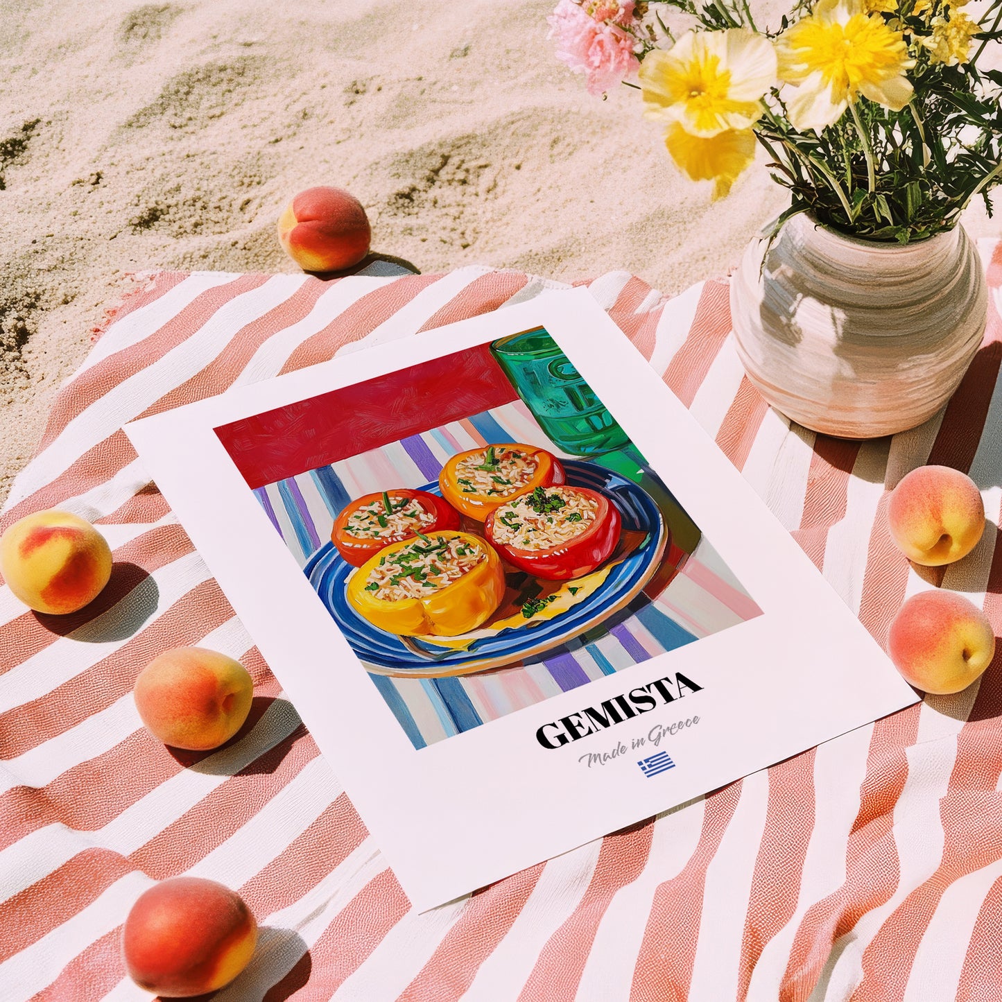 Gemista – Oil Painting, Greek Food Wall Art, unframed on coastal sand