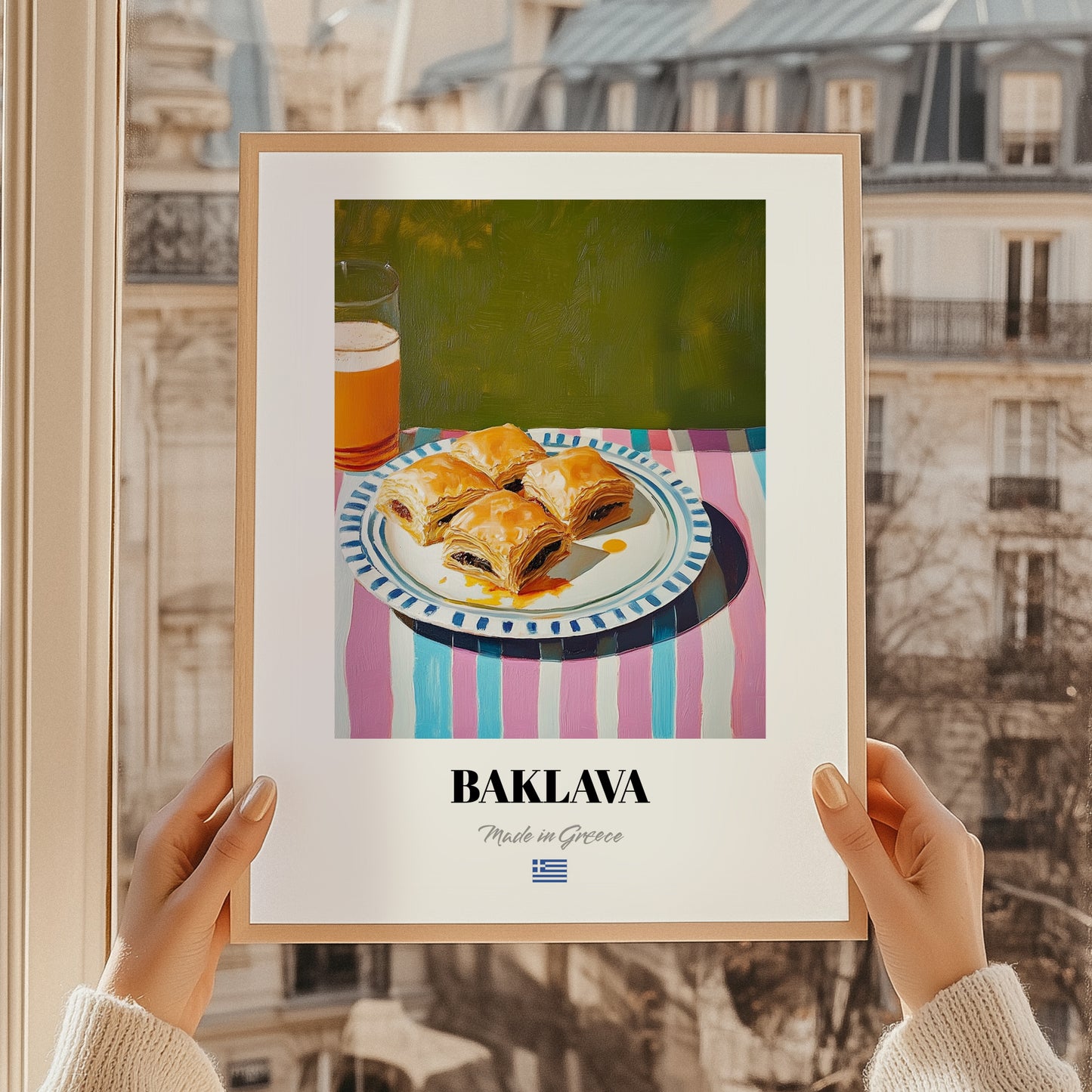 Baklava – Oil Painting, Greek Dessert Illustration, styled in a charming Paris street view