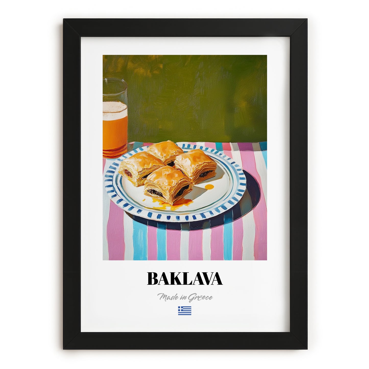 Baklava – Oil Painting, Greek Dessert Illustration, in sleek black frame