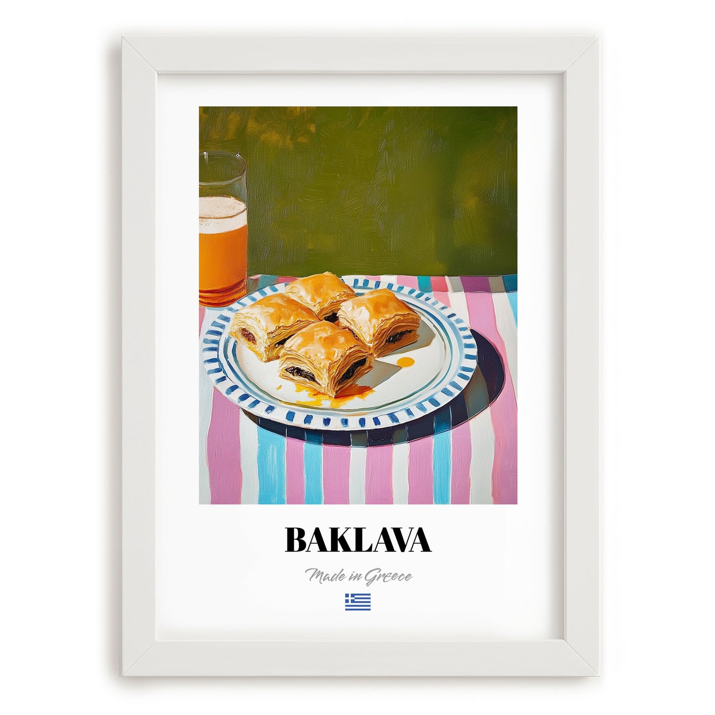 Baklava – Oil Painting, Greek Dessert Illustration, placed in minimal white frame