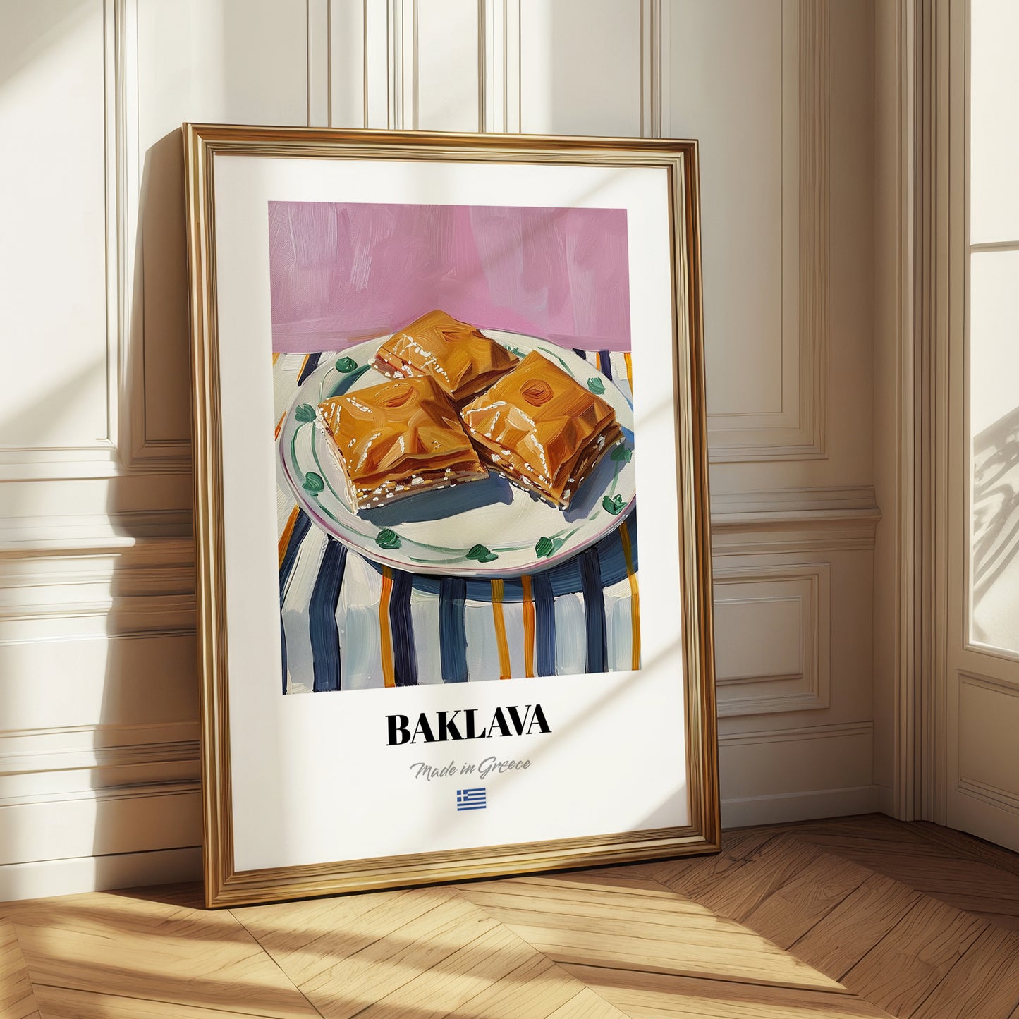 Baklava – on Striped Tablecloth, Greek Dessert Illustration 