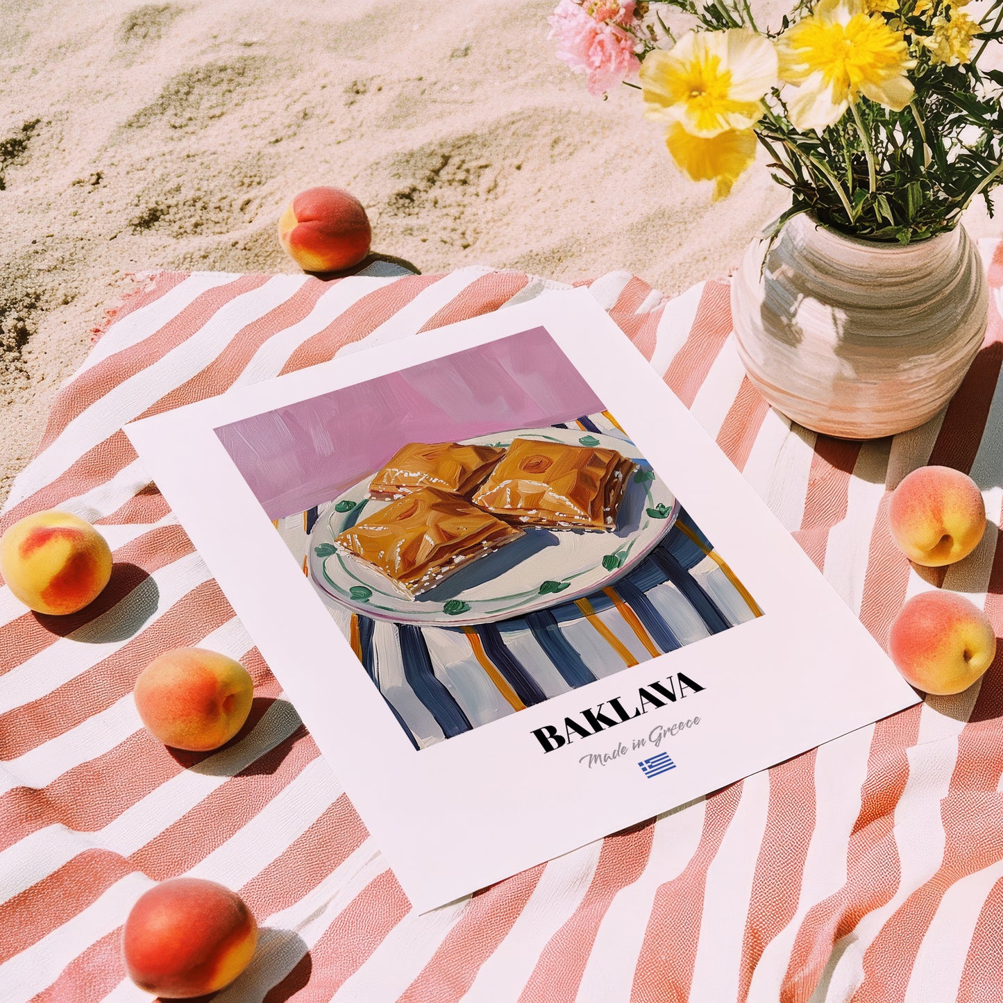 Baklava – on Striped Tablecloth, Greek Dessert Illustration, unframed on coastal sand