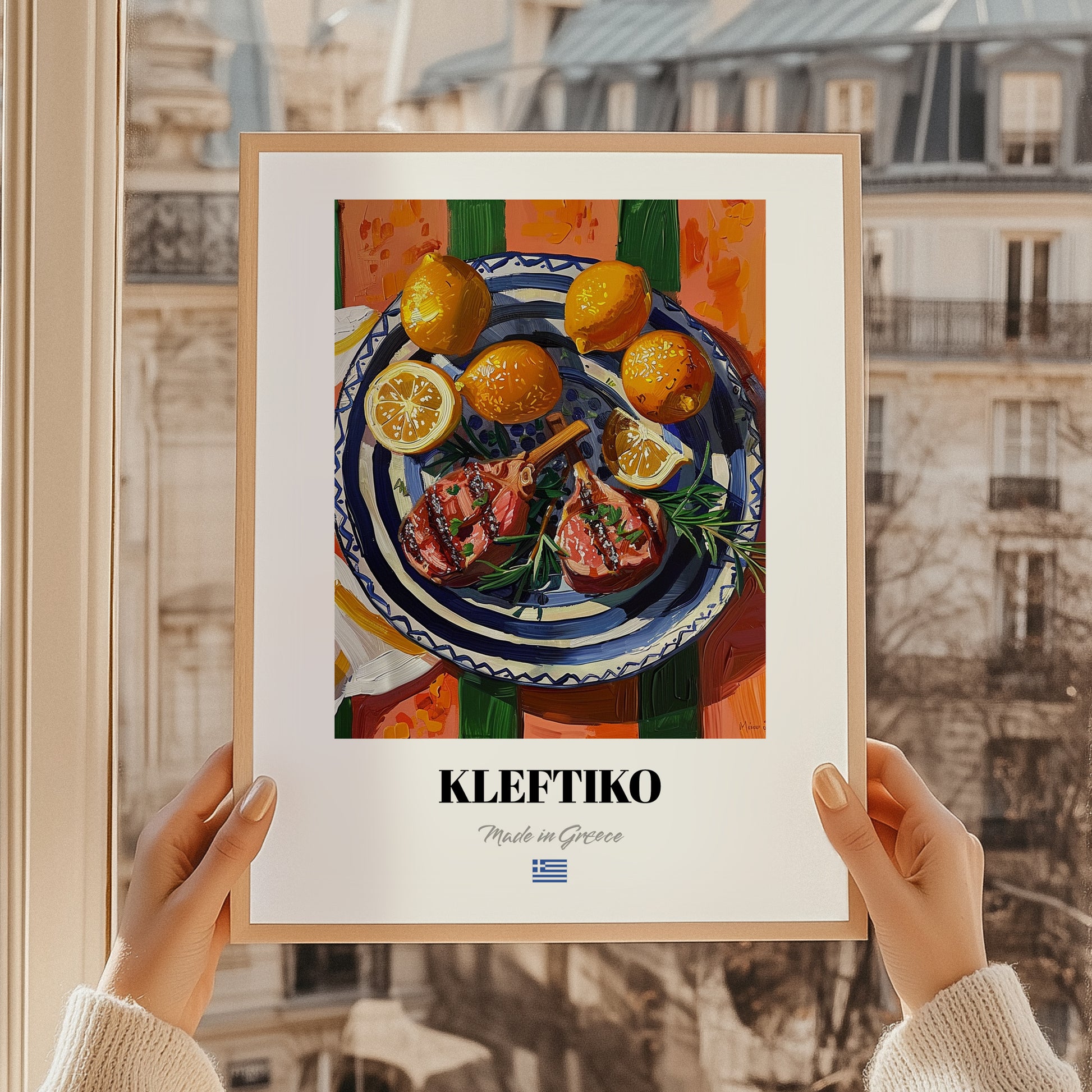 Kleftiko – Colorful Oil Painting, Greek Food Painting, styled in a charming Paris street view