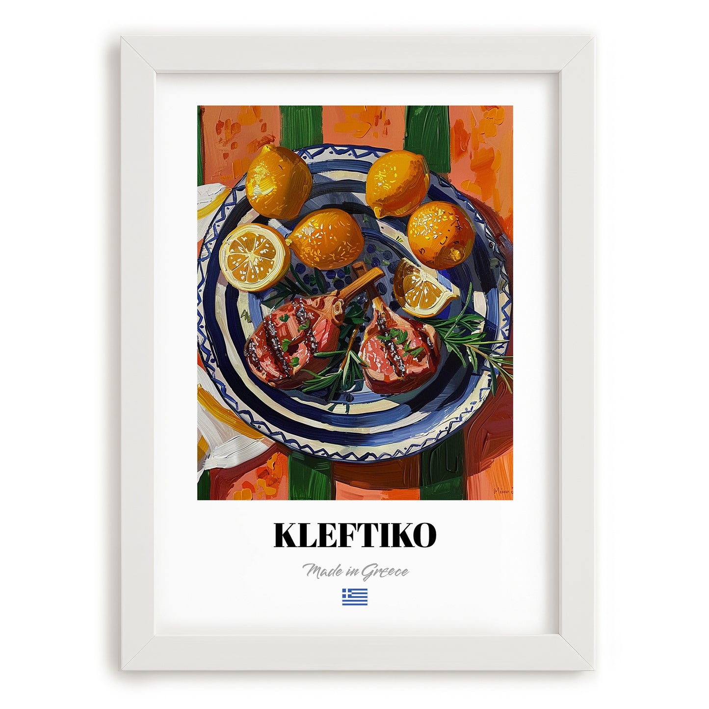 Kleftiko – Colorful Oil Painting, Greek Food Painting, placed in minimal white frame